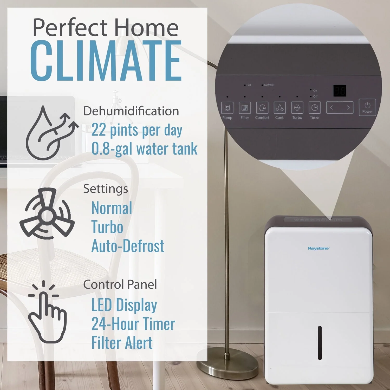Keystone 22 pt 1,500 sq ft Dehumidifier in White - Energy Efficient, Bucket Full Indicator