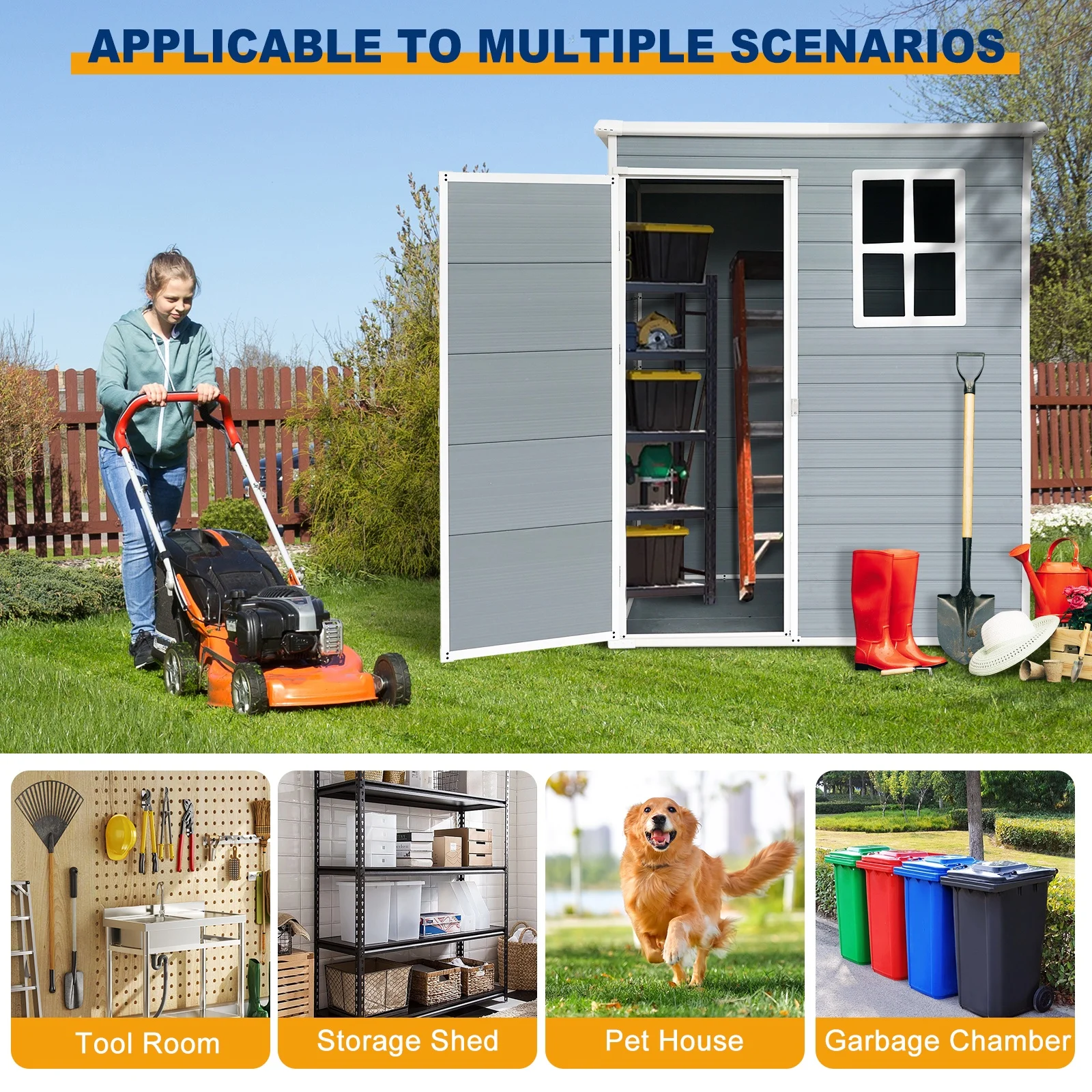 Seizeen Shed and Outdoor Storage, 41 Cu.Ft Small Outdoor Resin Shed with 3 Doors & Floor, 306GAL Deck Box Waterproof Plastic Tool Storage Shed for Cushion Lawn Mower Garbage Cans - Image 25