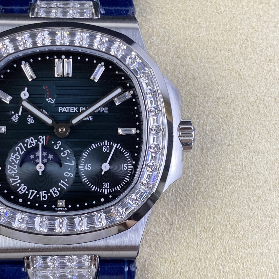 Fake Patek Philippe Replica Watch 5724G-001 Nautilus 40mm Black-Blue Baguette Diamond Bezel Moon Phase Date White Gold Leather Automatic GRF(1:1 replica) - Top club