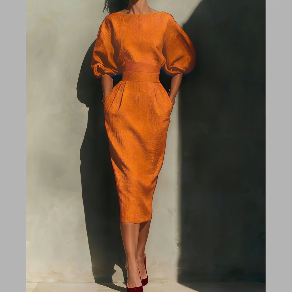 Round Neck Puff Sleeves Midi Dress - ZKZOOK