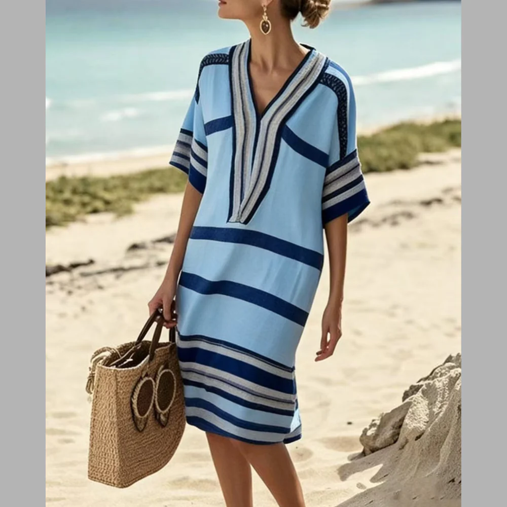 Full Size Striped Half Sleeve Midi Dress Plus Size - ZKZOOK