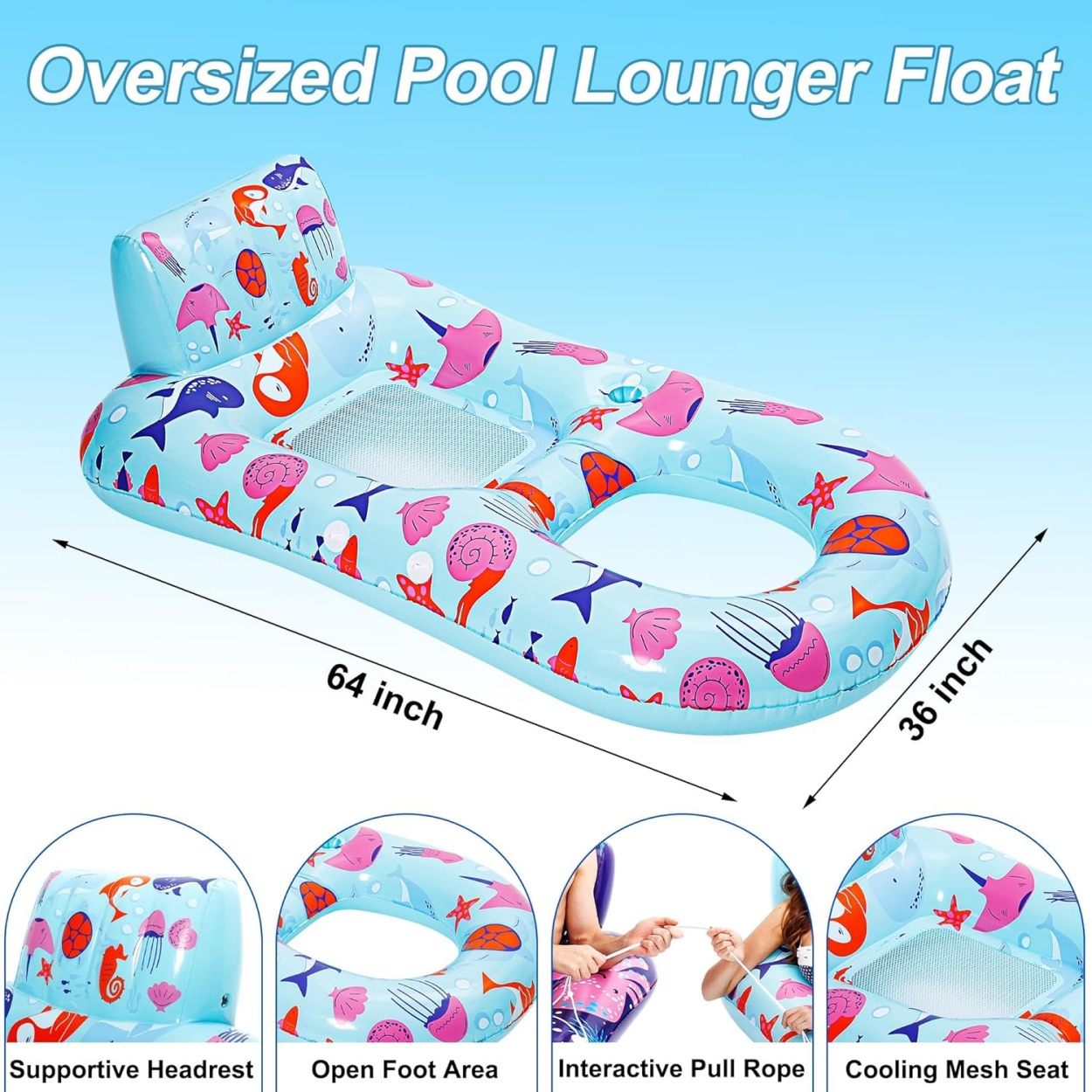Extra Large Inflatable Pool Lounger Float Heavy Duty Cup Holder Backrest for Adults-Beach Party-Water Amusement Facilities