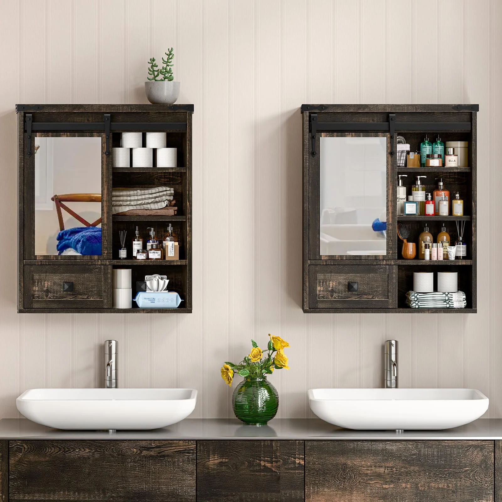 Vabches Farmhouse Bathroom Wall Storage Cabinet with Sliding Mirror Door, Adjustable Shelves, Over The Toilet Storage, Dark Rustic Oak