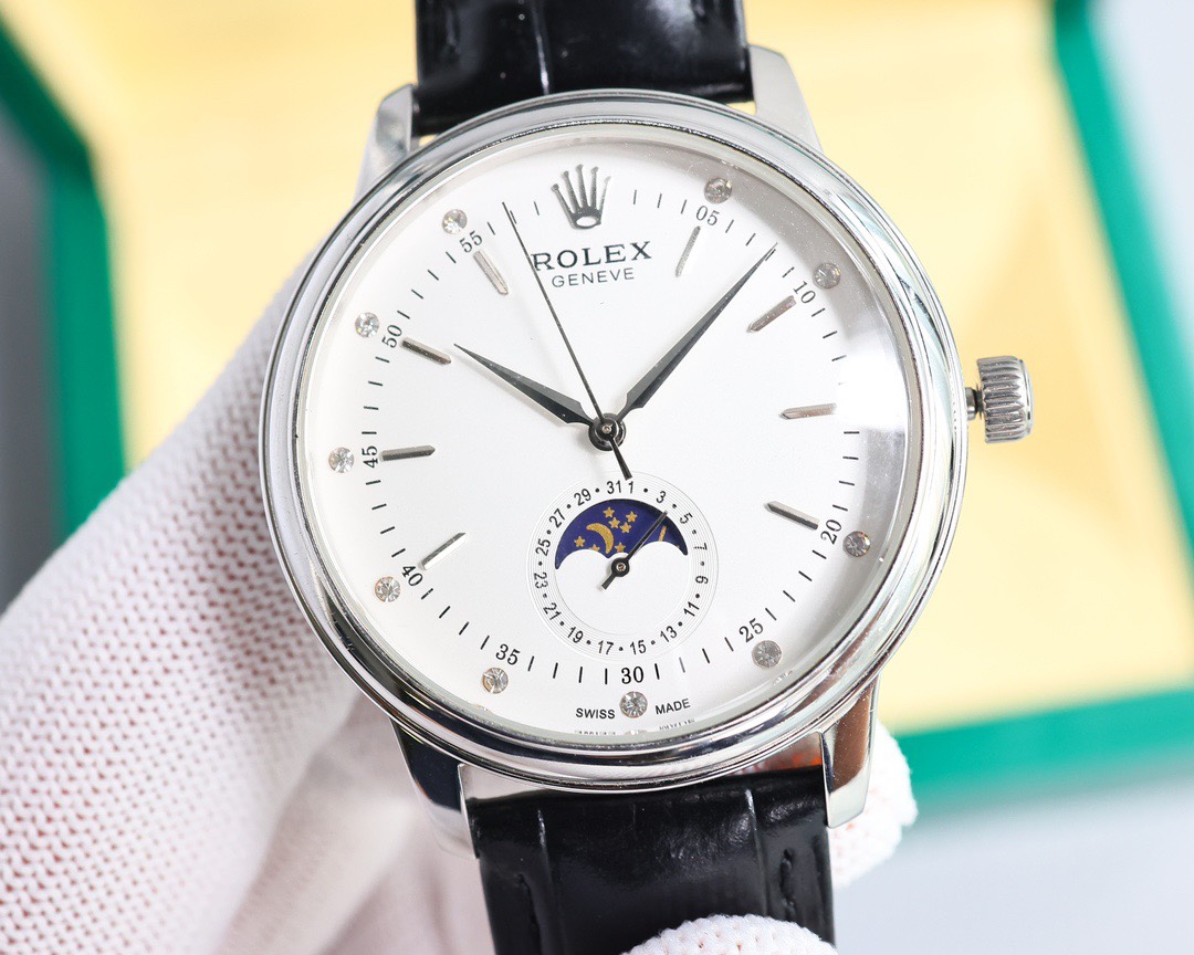Rolex👑 Cellini Moonphase-40mm-Leather-White(1:1 replica) - Elite Watch Atelier