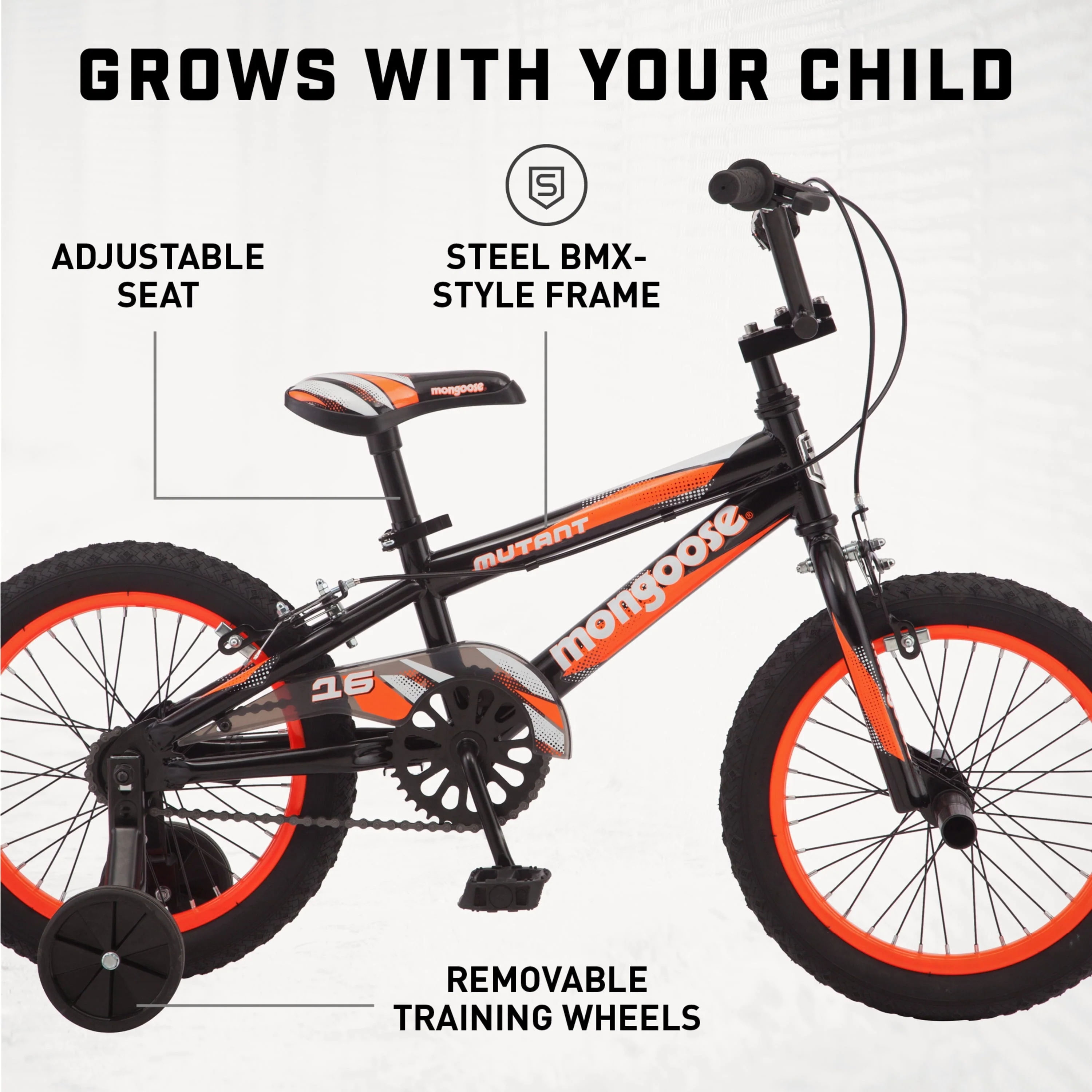 Mongoose 16" Mutant Kid's BMX Bike, Ages 3-5, Black & Orange - Image 4