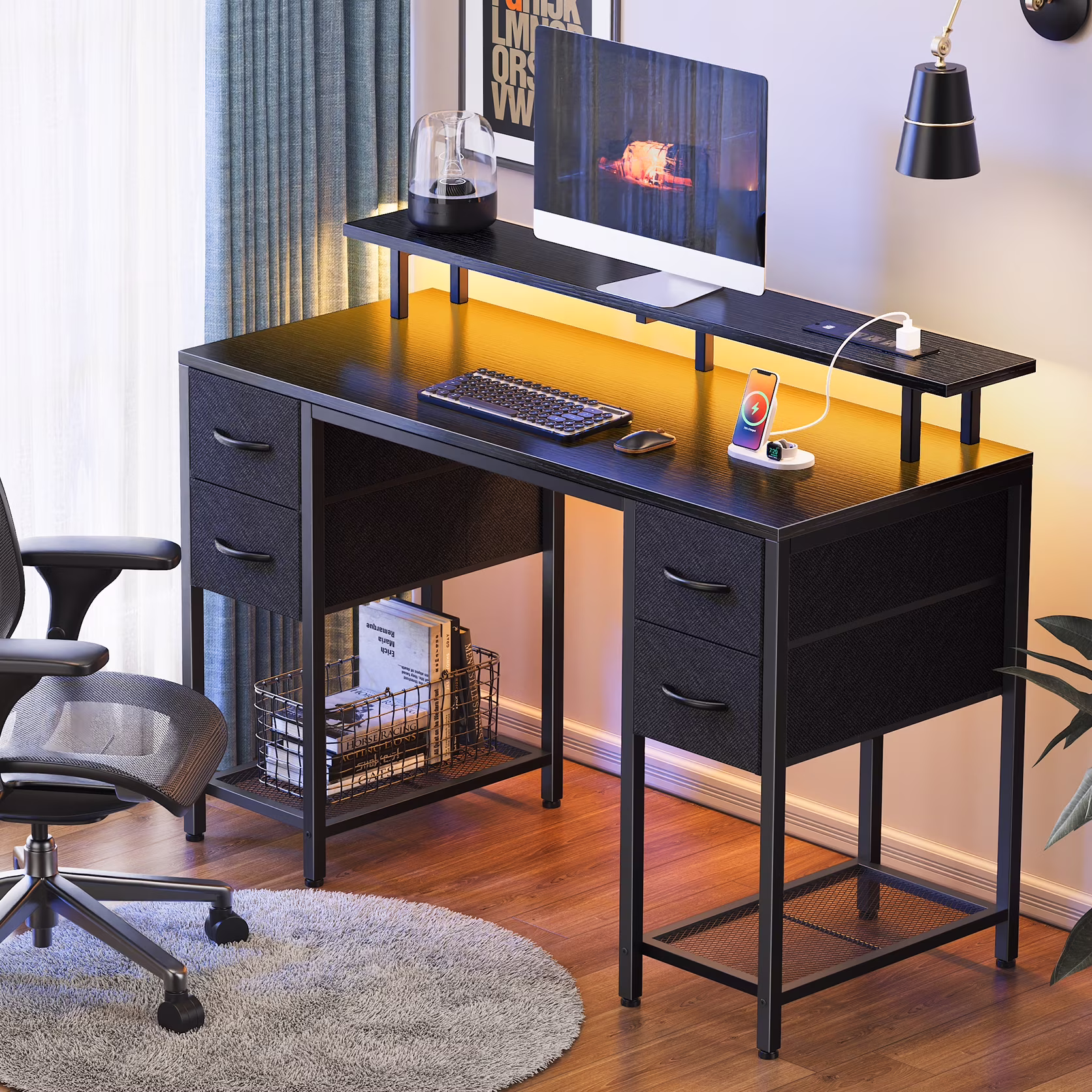 55.1" LED Gaming Desk with Drawers, Computer Desk with Outlets, Office Desk with 4 Drawers, Corner Desk, Writing Desk in White - Image 3