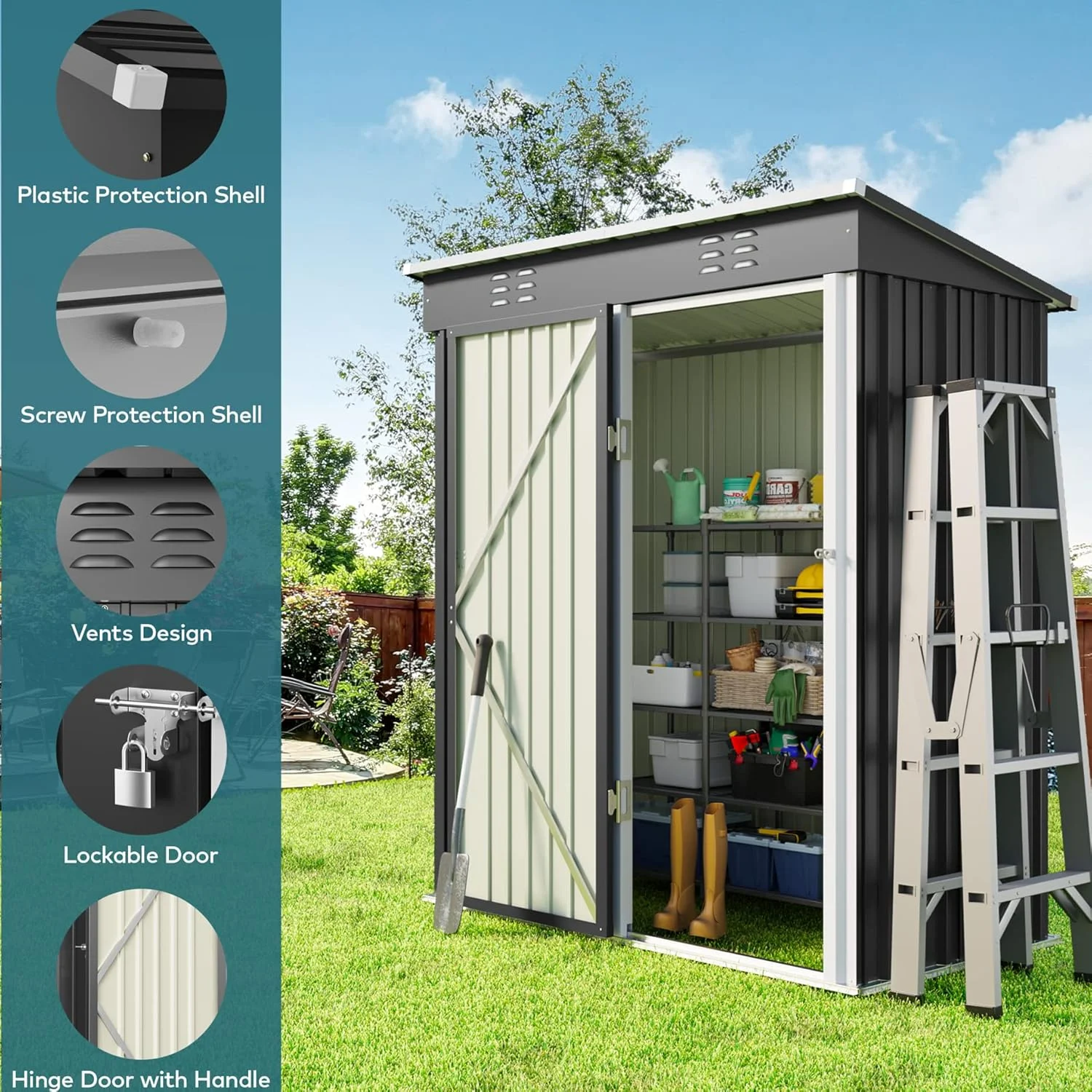 5'x3' Outdoor Storage Shed, Lofka Metal Storage Tool Shed with Single Lockable Door, for Bike| Garden Tools| Patio, Grey - Image 11