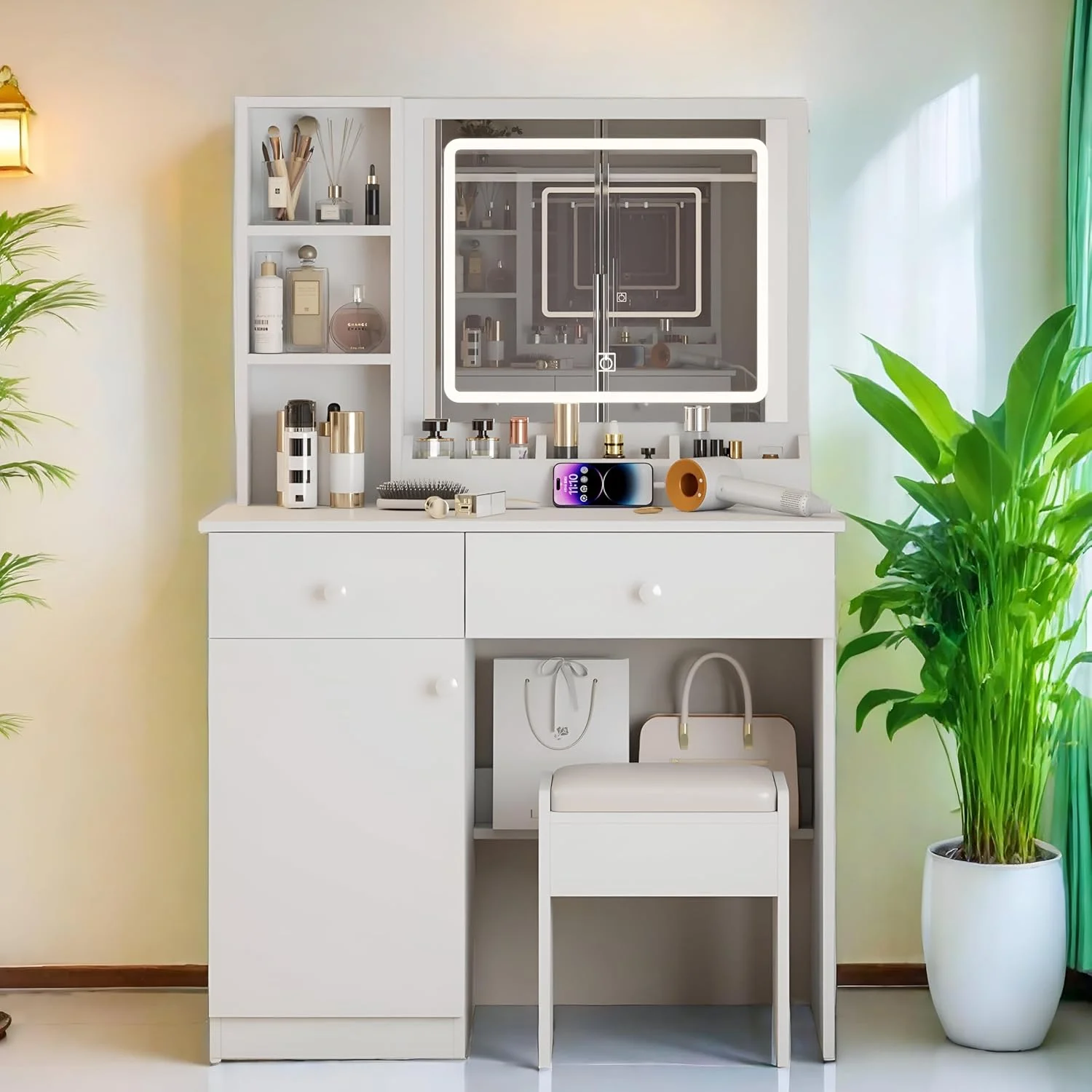 Montary Modern Mini Vanity w/Adjustable LED Mirror + Hidden Storage, Padded Stool & Dustproof Shelves (White) - Image 60
