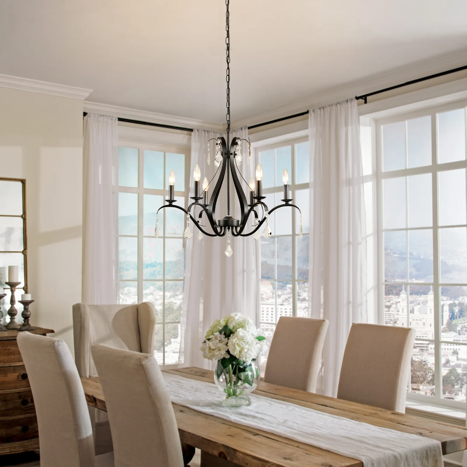 Magic Home 6-Light Modern Farmhouse Chandelier,Classic Candle Ceiling Pendant Light Fixture,Black