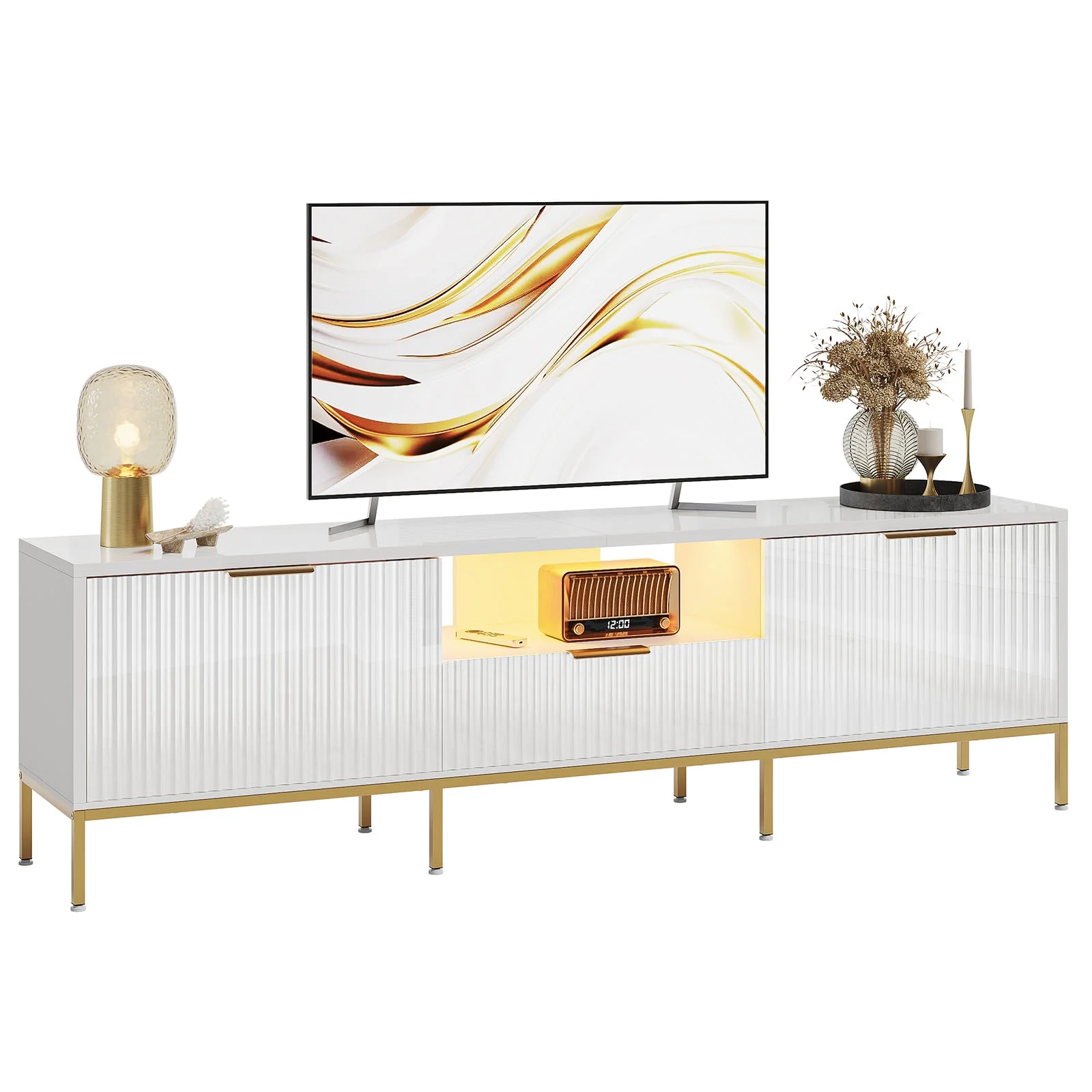 Bestier 55" LED TV Stand for TVs up to 60" Modern High Gloss Entertainment Center with Drawers Cabinets Fluted TV Console, White & Gold - Image 19