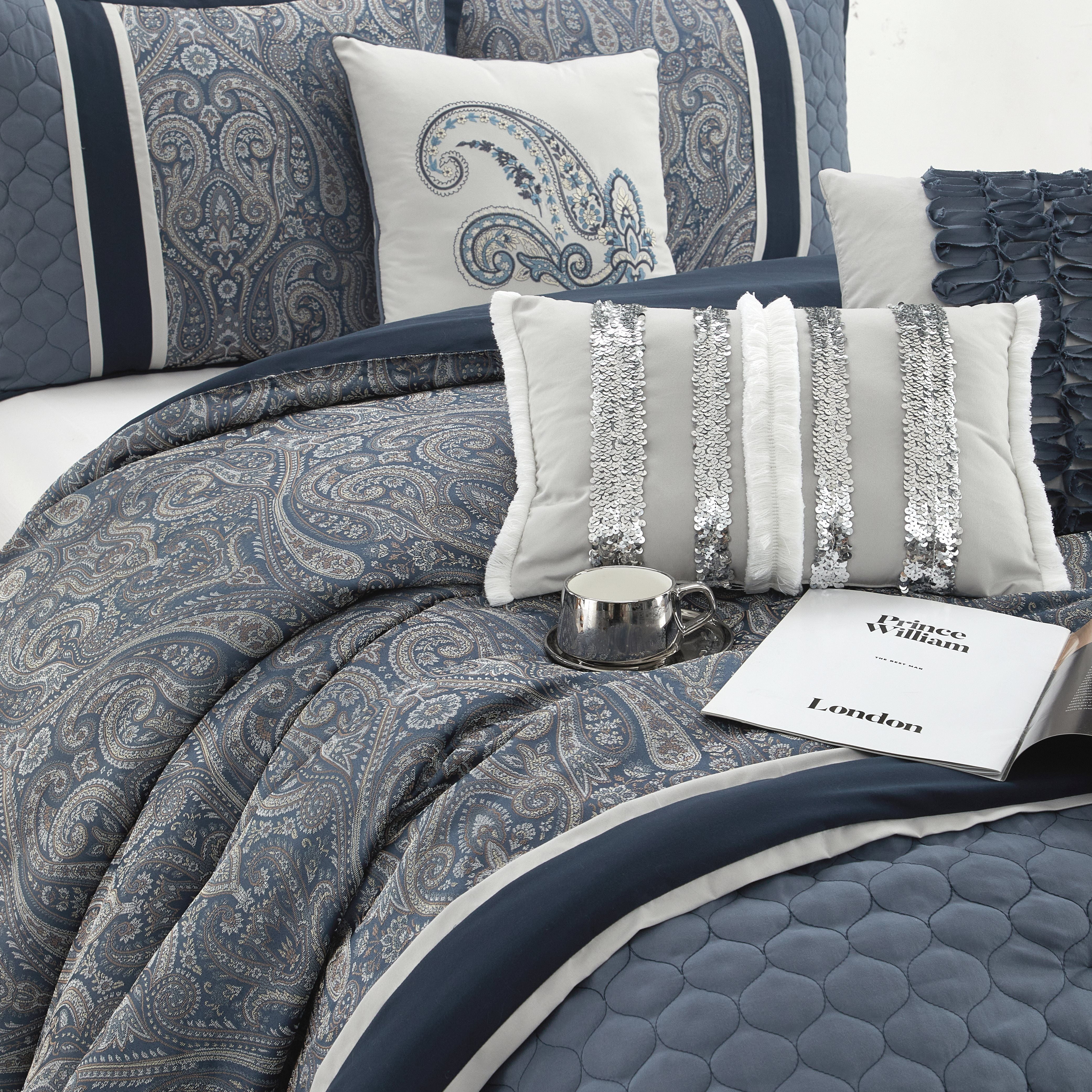 Lanco Smoke Grey Comforter Set California King Size, 9 Piece Jacquard Floral Bedding Set, All Season, Ultra-Soft, Matching Pillows & Shams, Bed Skirt - Image 49