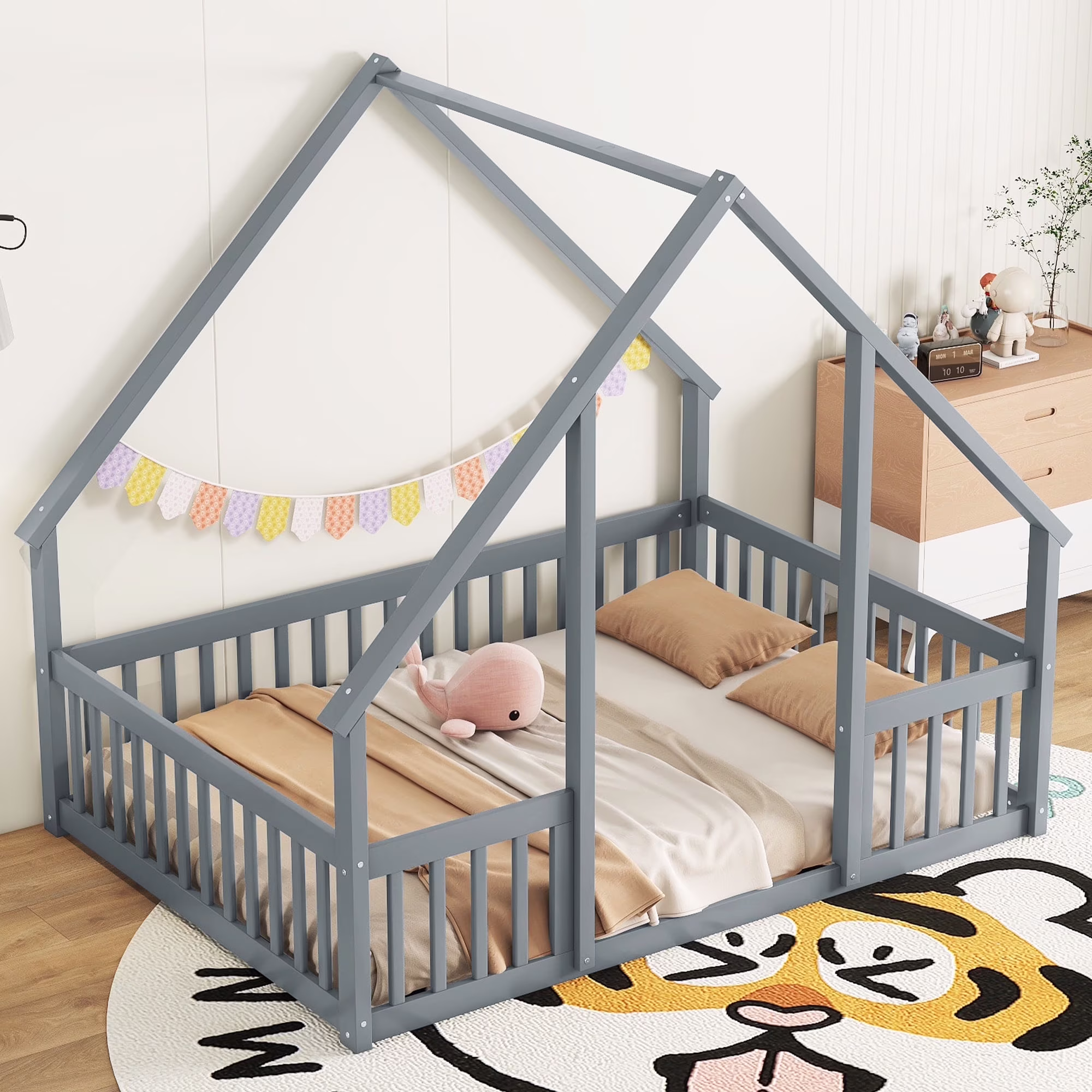 Bellemave Twin Size Floor Bed Frame, Wooden House Bed Twin Size with Fence, Montessori Bed with Guardrails for Bedroom (White) - Image 5