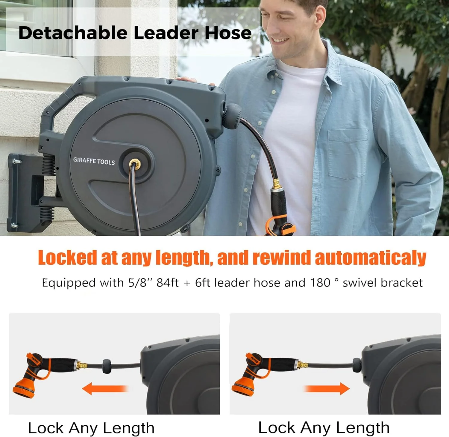 Giraffe Tools Retractable Garden Hose Reel with 1/2in-100ft Water Hose, Plastic Bracket, Wall Mounted, Dark Grey - Image 27