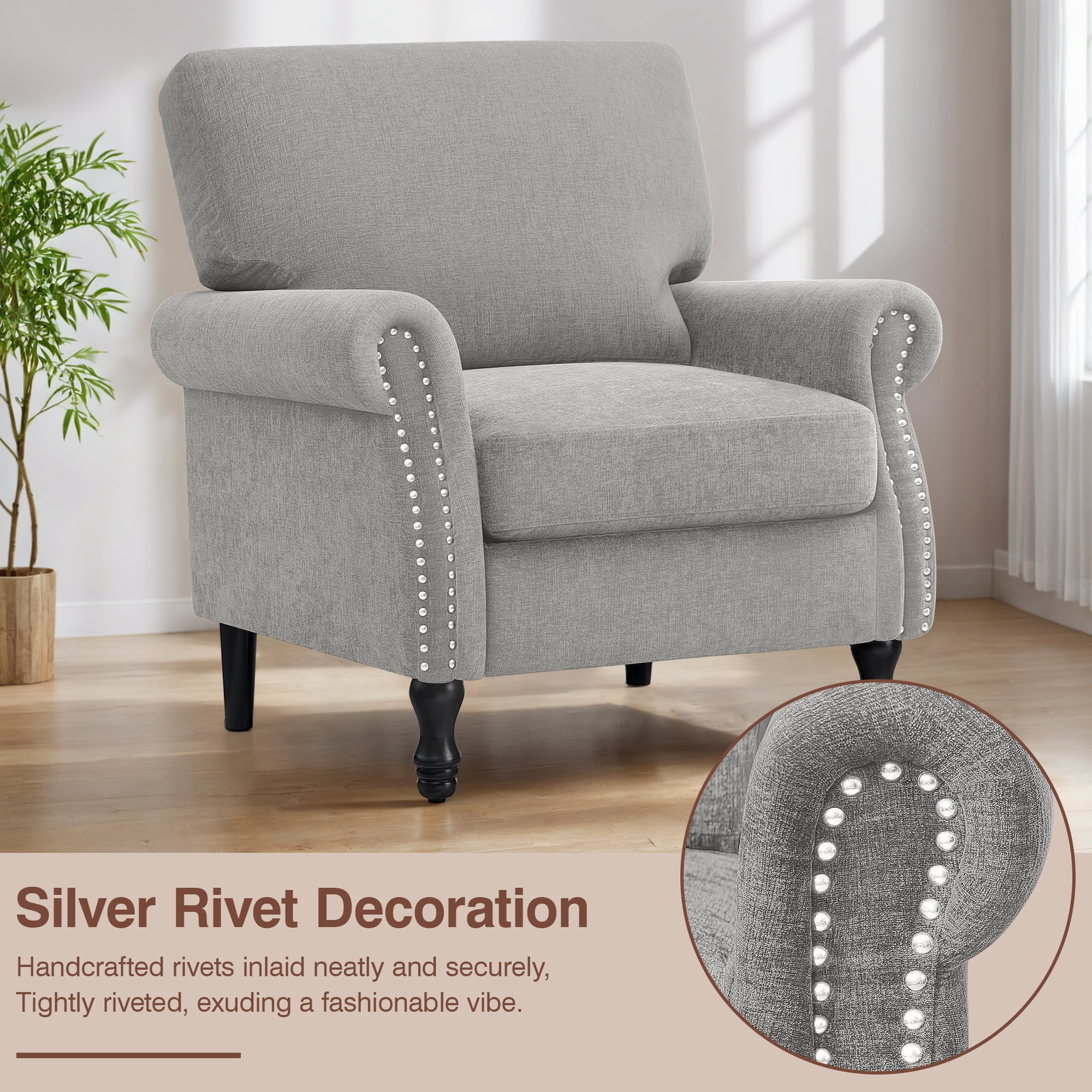 COOLHUT Modern Accent Chair Armchair, Linen Fabric Upholstered Comfy Single Sofa with Solid Wood Frame for Living Room, Gray - Image 11