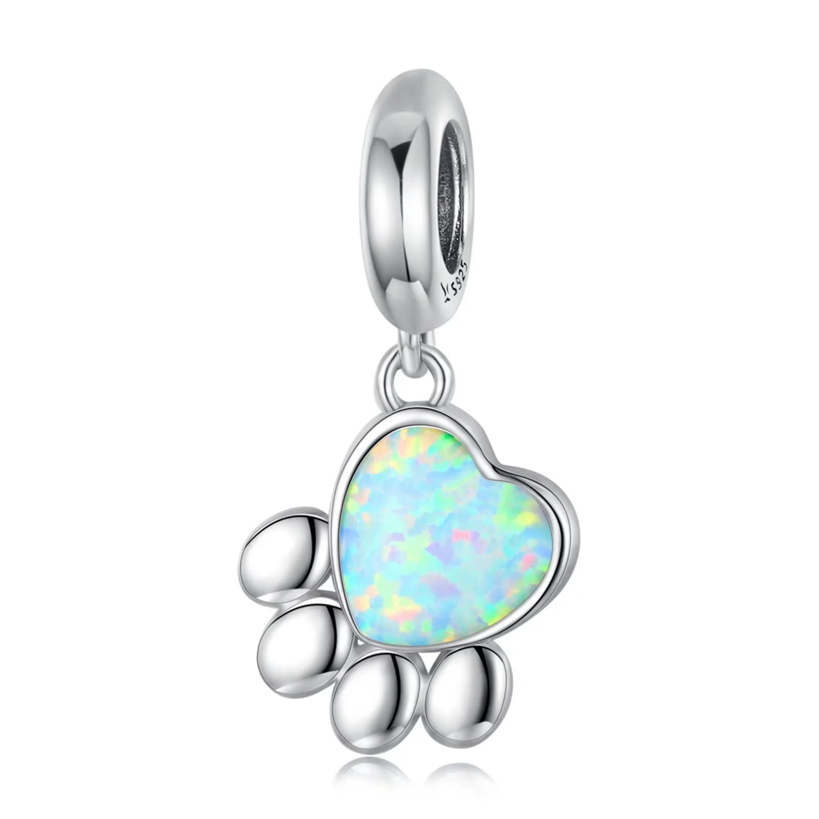 Pet Paw Print Charms - Cute Footprint Bead Heart-shaped Opal Pendant 925 Sterling Silver Platinum Plated for Bracelet Necklace Gift for Women Girls
