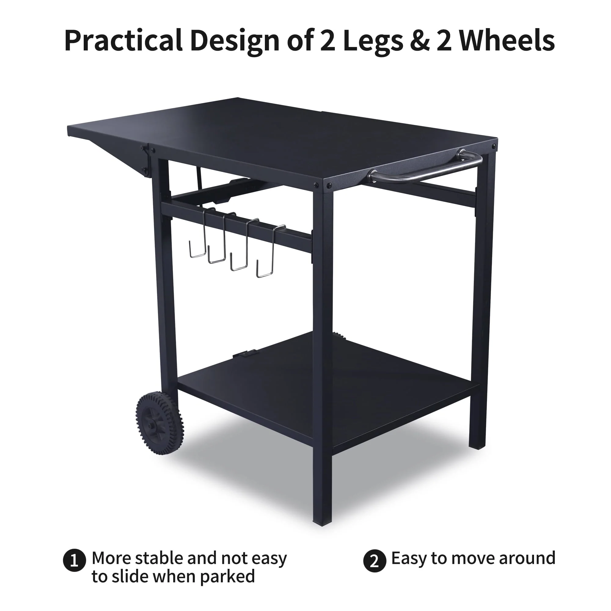 Pizzello Outdoor Grill Pizza Oven Food Prep Bbq Cart Stand Table with Storage Wheels Expandable Countertop, Black - Image 3