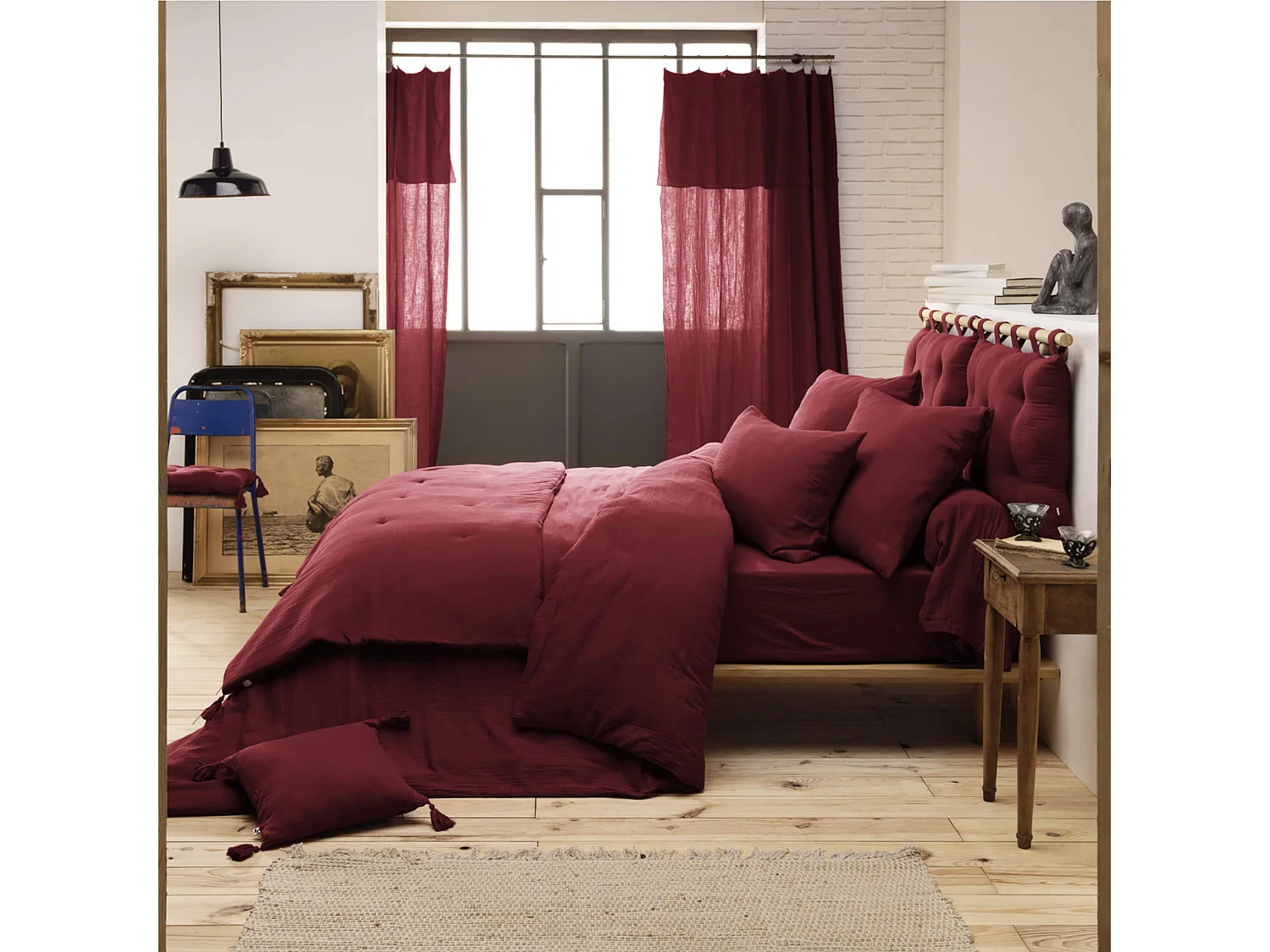 Parure de lit 240x220 double gaze de coton bordeaux Terre de Nuit