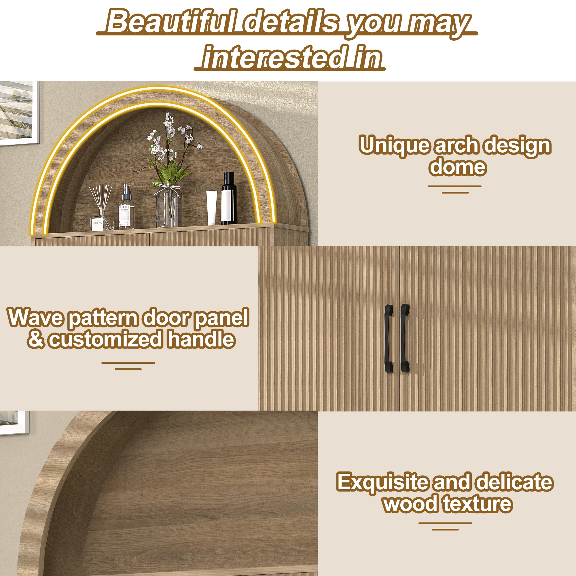 HARIPUL Over The Toilet Storage Cabinet w/ Unique Wood Grain & Arc Design, Freestanding Bathroom Shelf Organizer Space Saver w/ Doors & Anti-Tip Device, Wood Color - Image 8