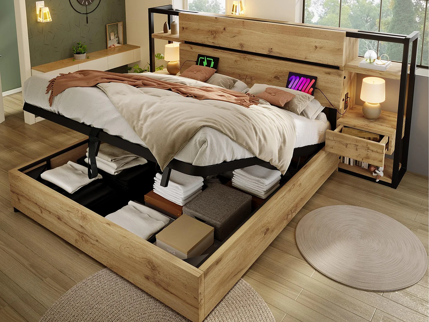 Lit coffre adulte 160x200cm en bois - avec port de chargement USB et Type-C - avec 2 tiroirs - avec sommier à lattes - Naturel
