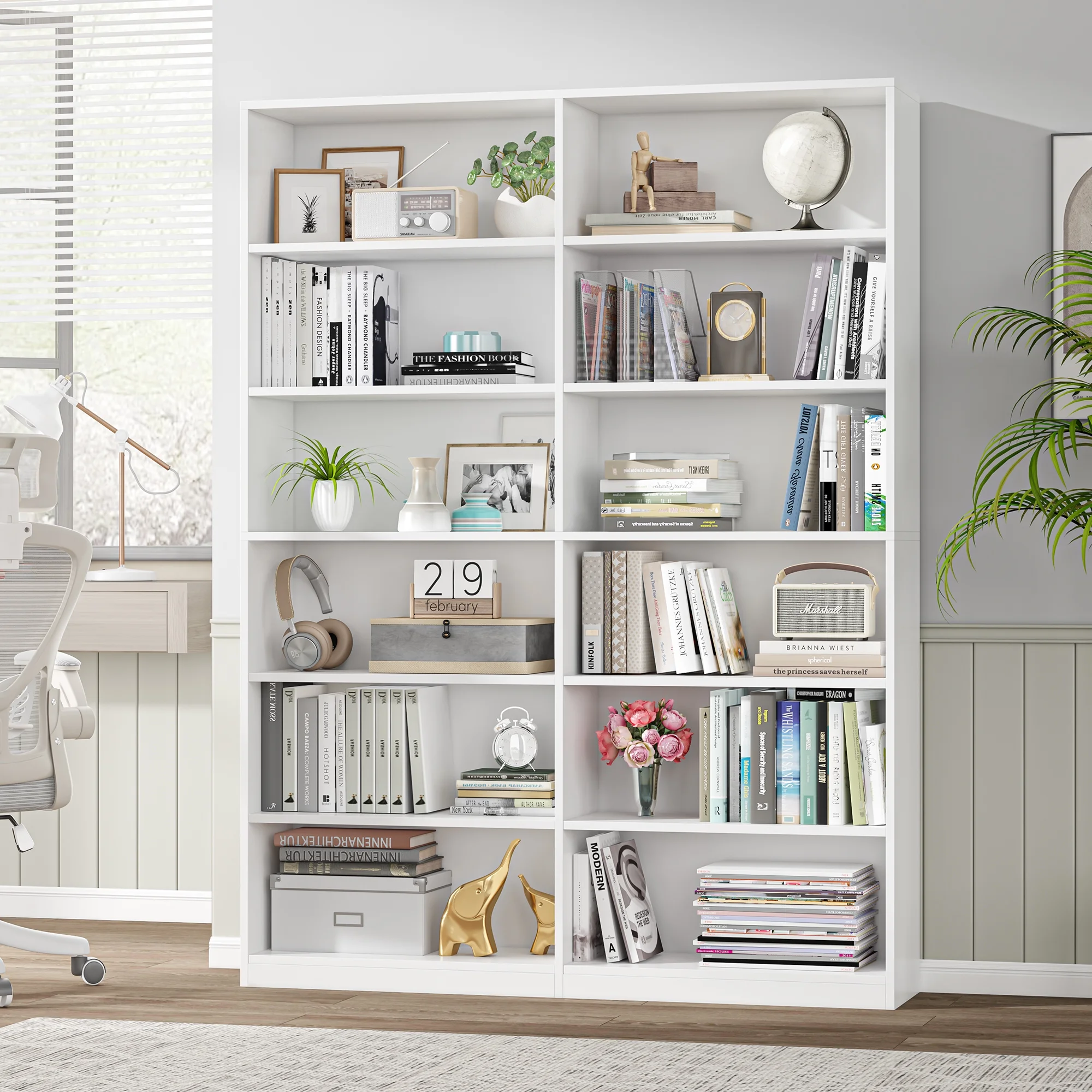 Homfa 74.3�� Double Wide 6-Tier Bookcase, Extra Large Wooden Freestanding Display Bookshelf for Home Office Living Room, White - Image 4