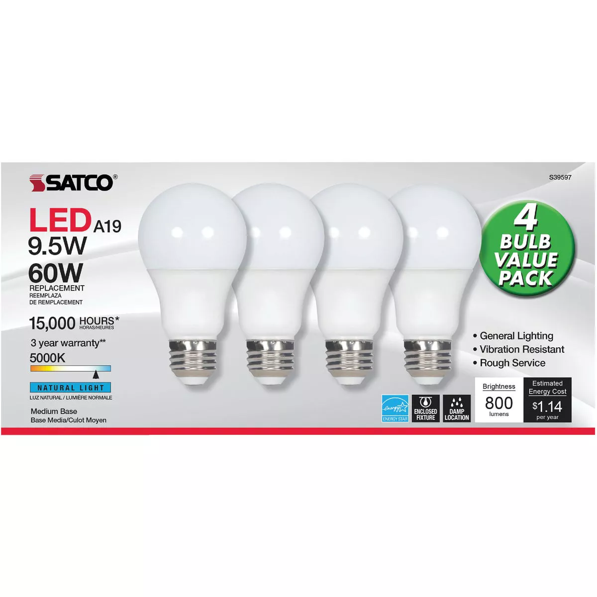 Satco 60W Equivalent Natural Light A19 Medium LED Light Bulb (4-Pack)