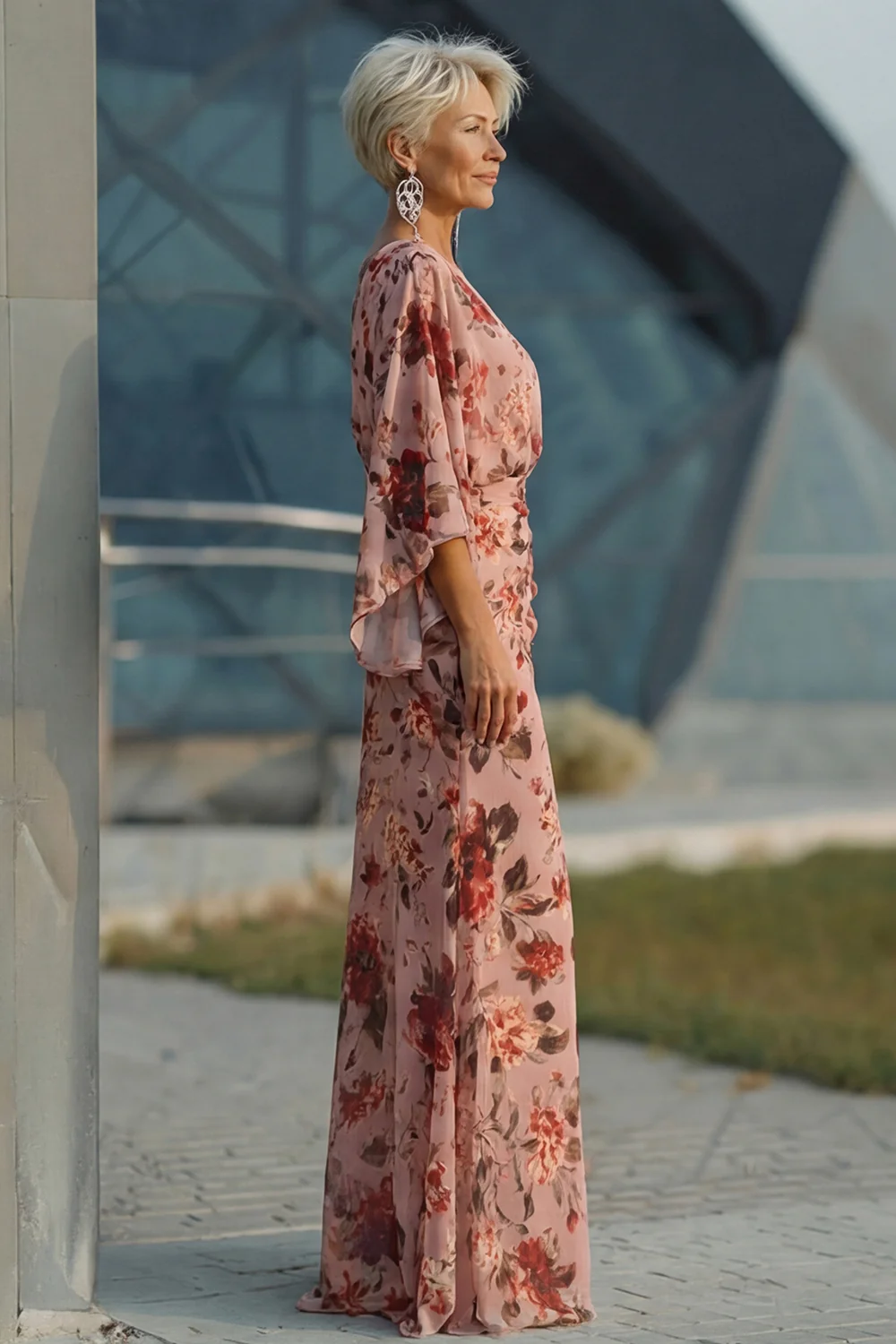 Floral Dusty Rose Chiffon V-Neck Sheath Long Mother of the Bride Dress with Pockets
