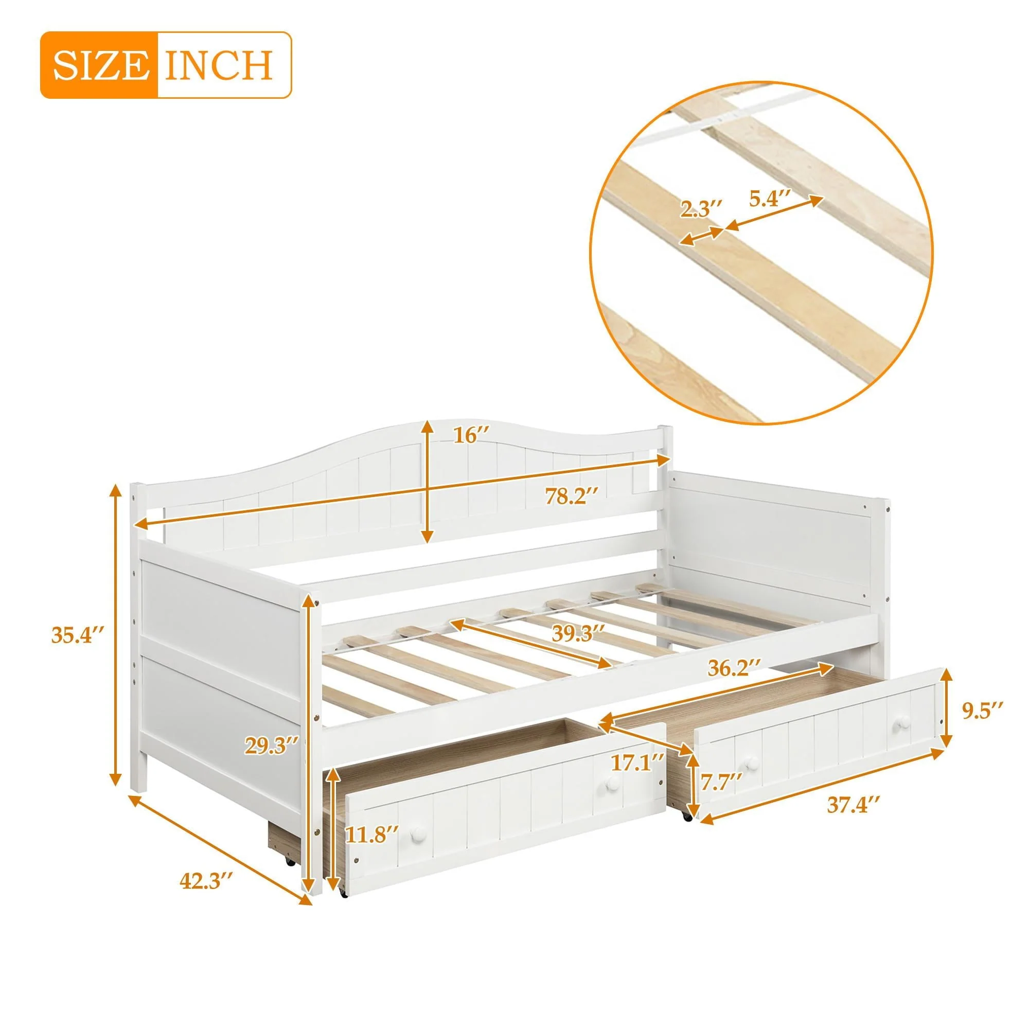 Twin Daybed with 2 Storage Drawers, Indoor Outdoor Sofa Day Bed Frame for Bedroom Living Room, White 78.2x42.3x35.4inch - Image 3