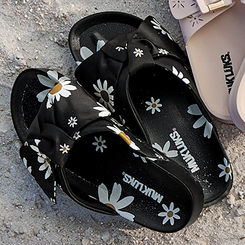 Muk Luks Luau Knotted Slide with Bow, Floral Pattern and Molded Footbed - MIDNIGHT VELVET CATALOG