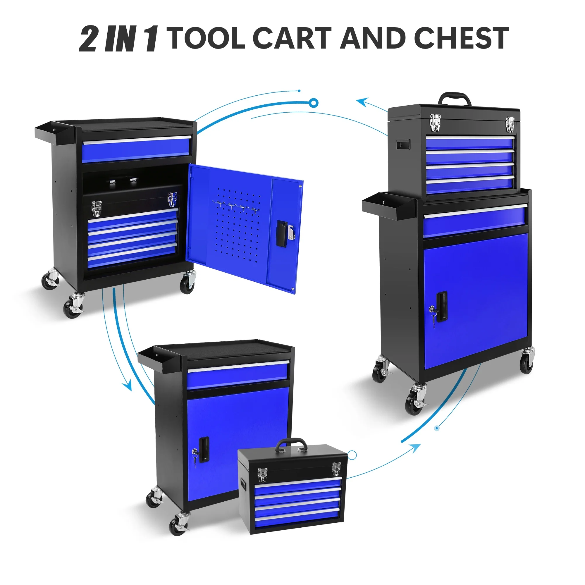 5-Drawer Rolling Tool Box, 2-IN-1 Hidden Multifunctional Tool Chest, Blue Tool Box on Wheels Storage Tool Organizer Cart, Hooks, Classification Box, Liner
