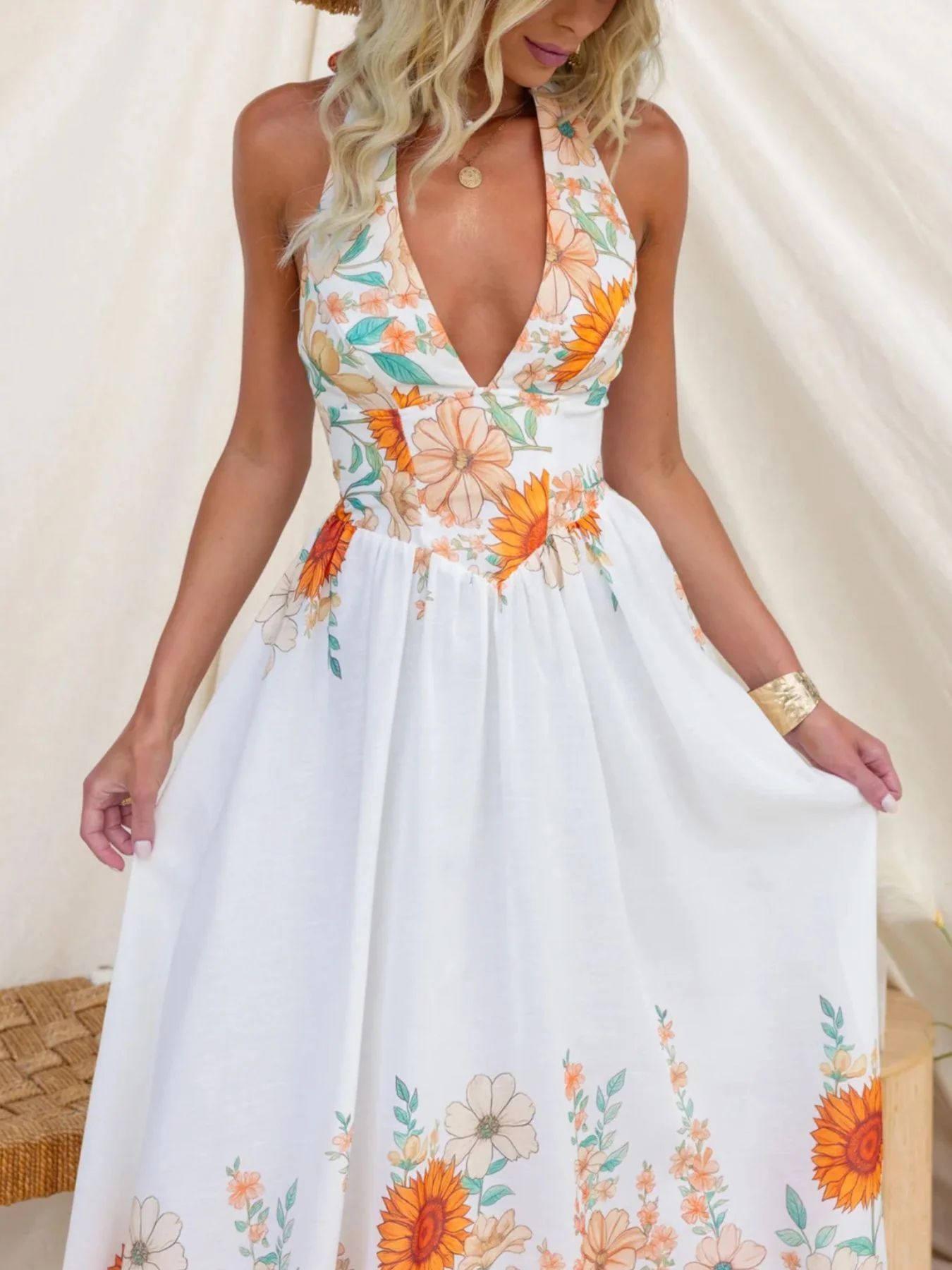Classy Floral Print Halter Neck Maxi Dress - ZKZOOK