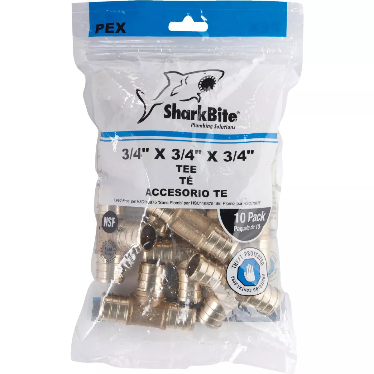 SharkBite 3/4 In. x 3/4 In. x 3/4 In. Barb Brass PEX Tee (10-Pack)