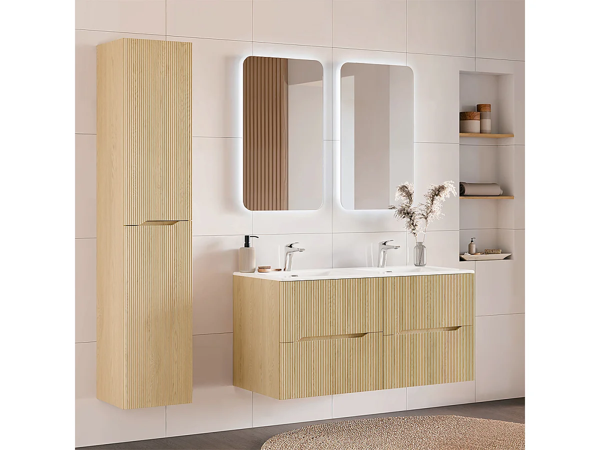 Ensemble meuble double vasque encastrée 120cm et colonne Isaline Bois