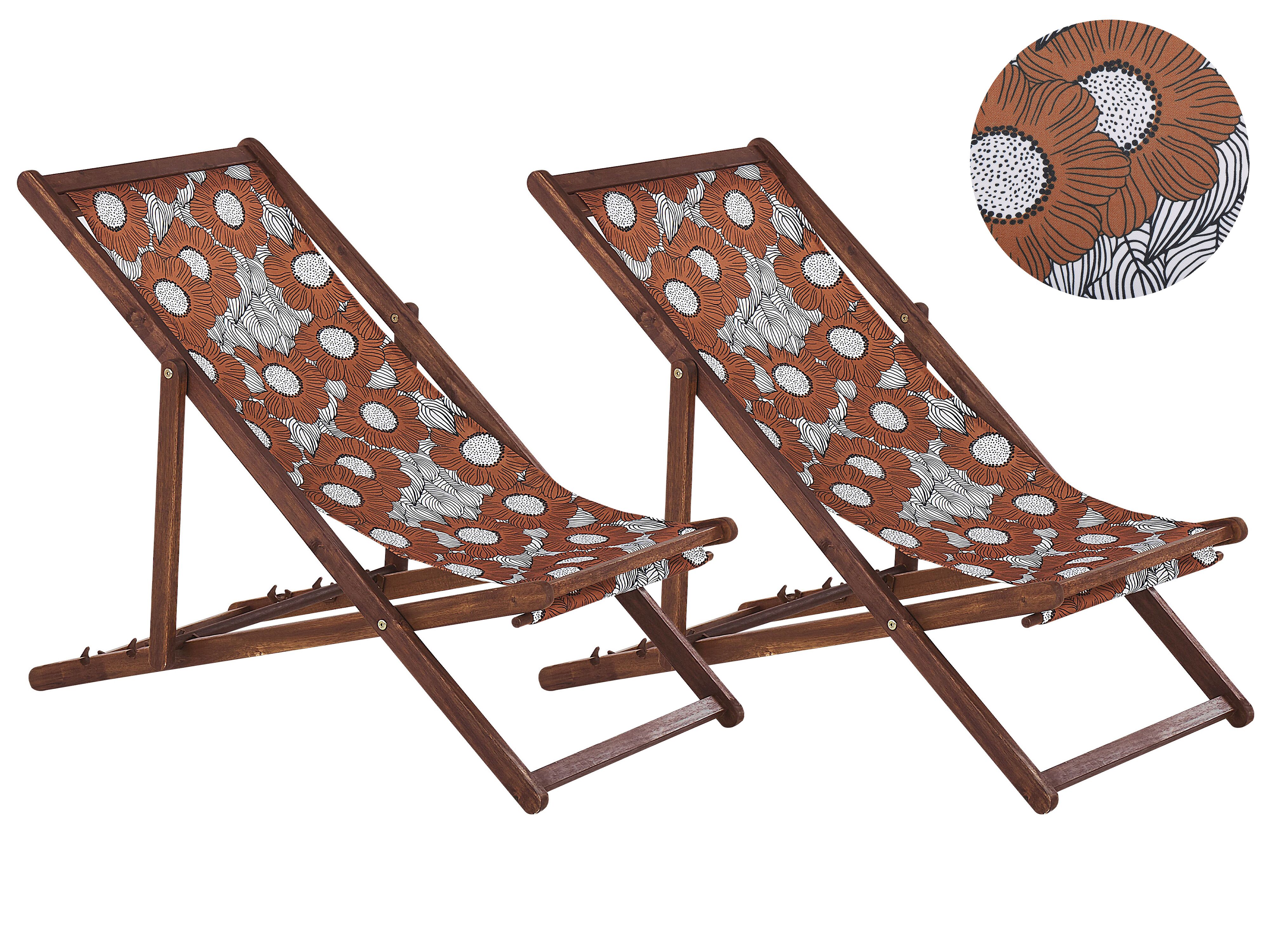 Set of 2 Folding Deck Chairs ANZIO with Replacement Fabrics Floral Motif Acacia Wood Dark Brown