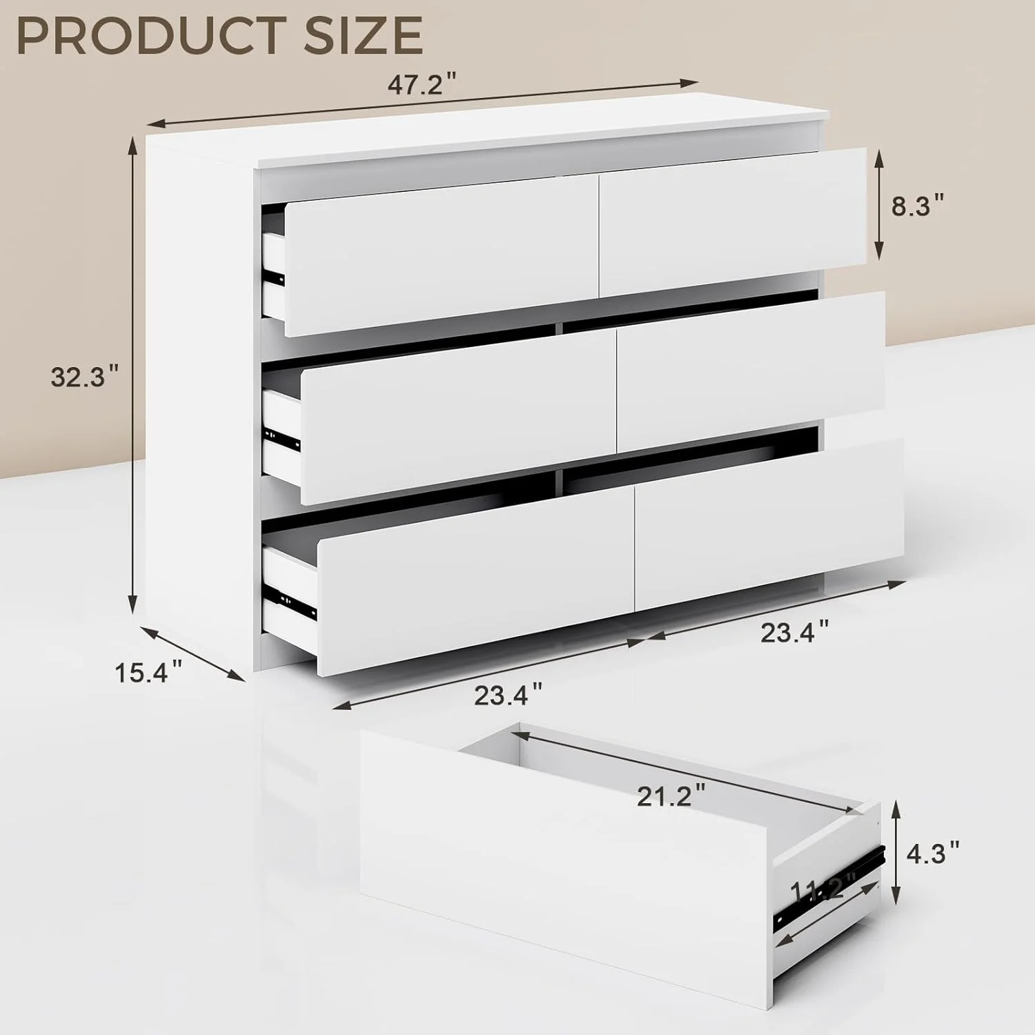 Selooye White Wood Dresser, 6 Drawer Dresser for Clothes Storage,Bedroom, Modern White Dresser with Wide Drawers, Wide Wooden Chest Drawers for Living Room, Entryway, TV Stand - Image 6
