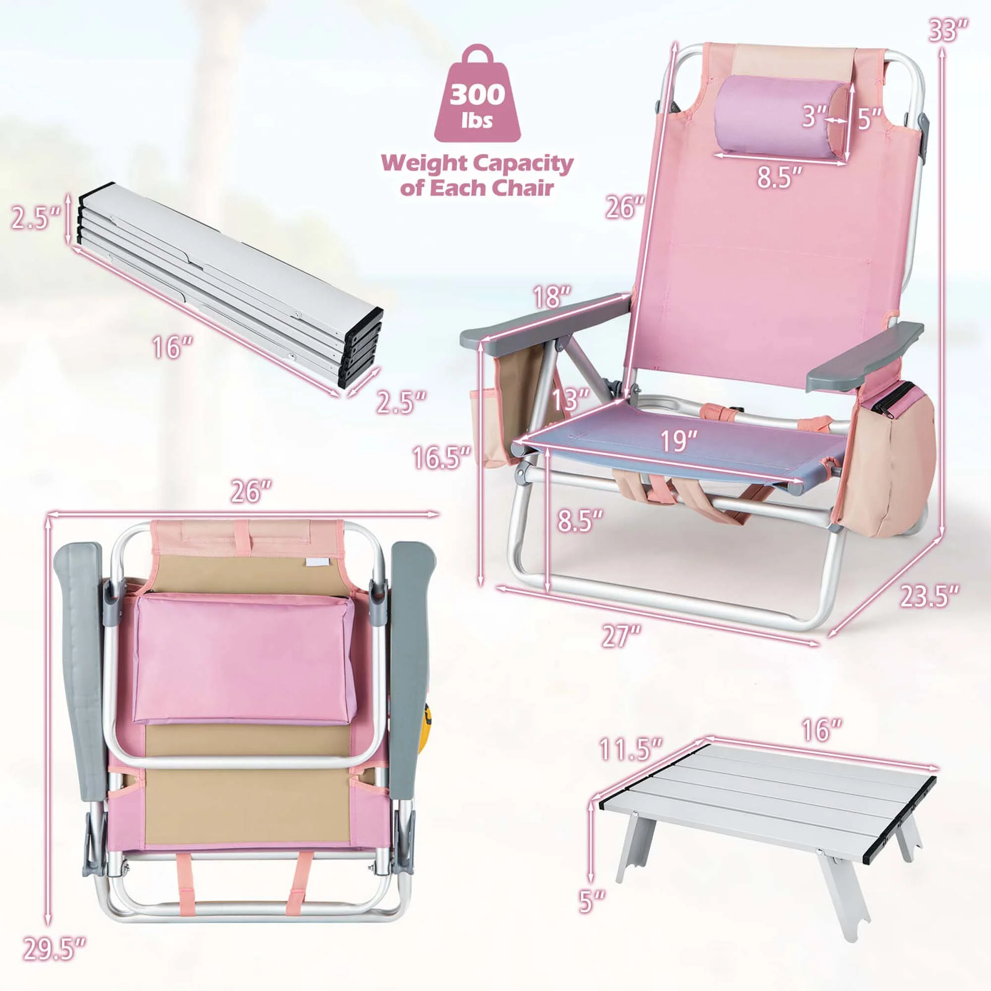 Costway 2-Pack Folding Backpack Beach Chair Table Set 5-Position Outdoor Reclining Chair Pink - Image 4