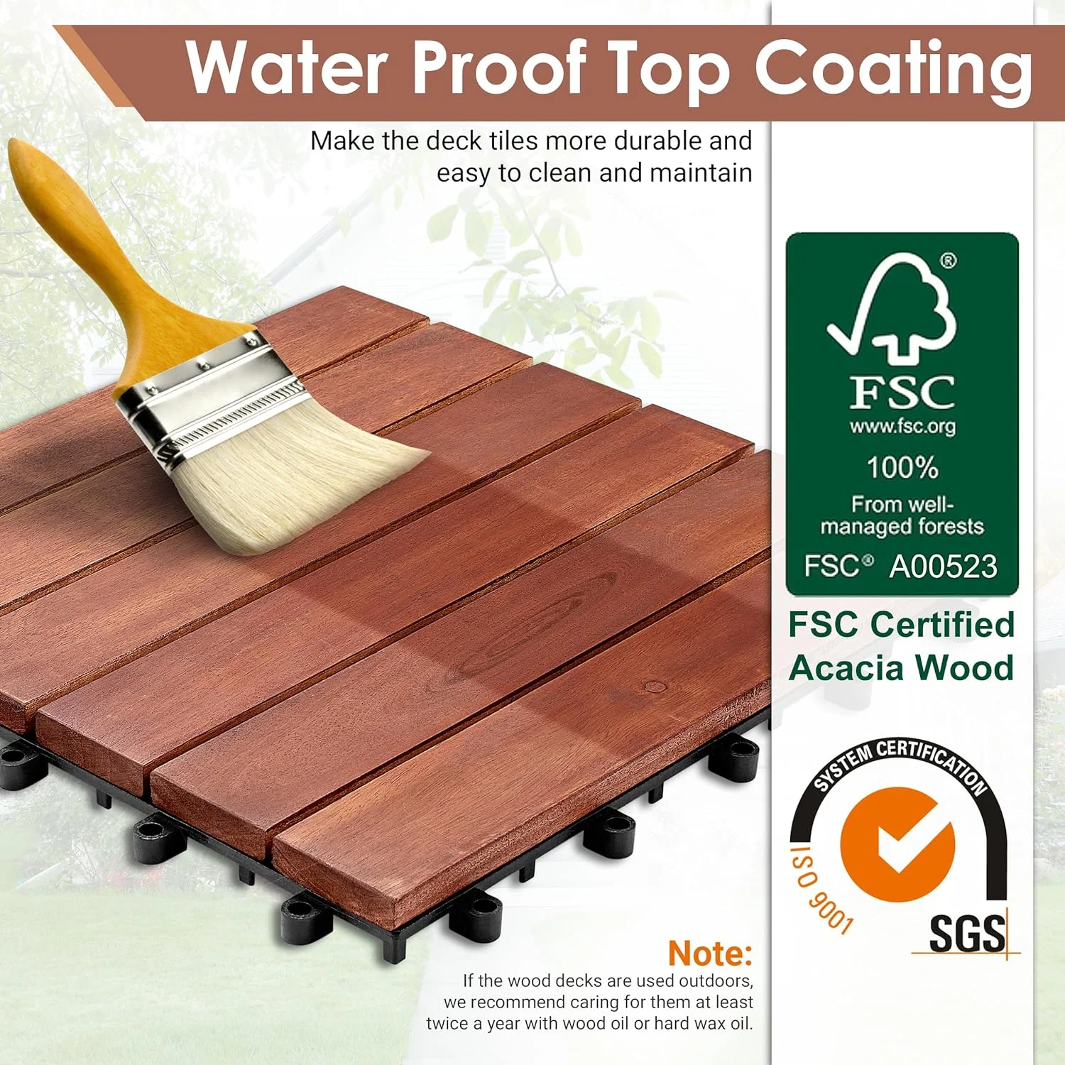 BuxWellBang 12'' x 12'' Interlocking Deck Tiles, Acacia Wood for Flooring, 27 Pcs, Brown