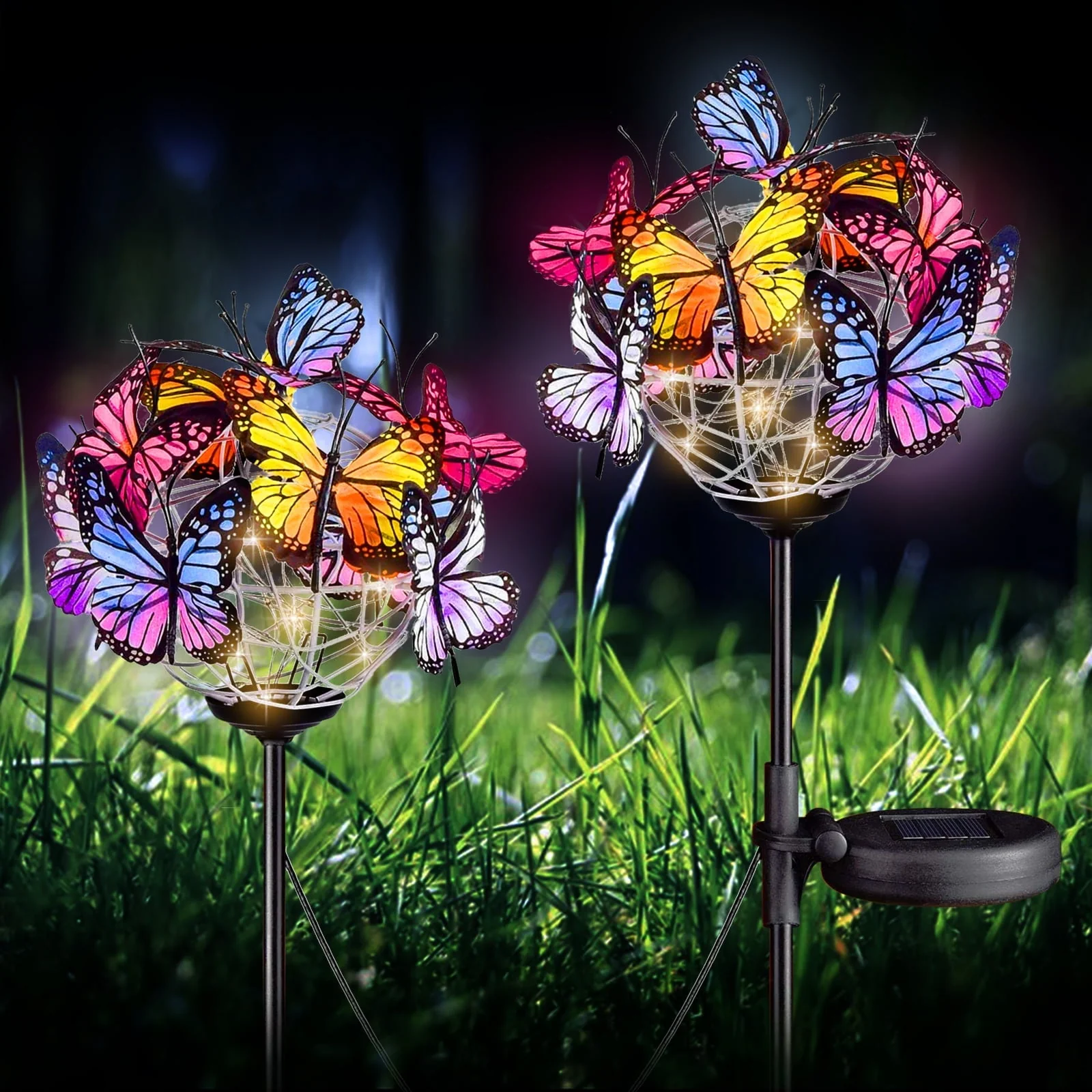 Rirool Decorative Solar Garden Lights Outside, 2 Pack Waterproof Solar Stake Lamp with Solar Panel, Multicolored Butterfly Ball Landscape Lights for Yard Patio Lawn Party Decor