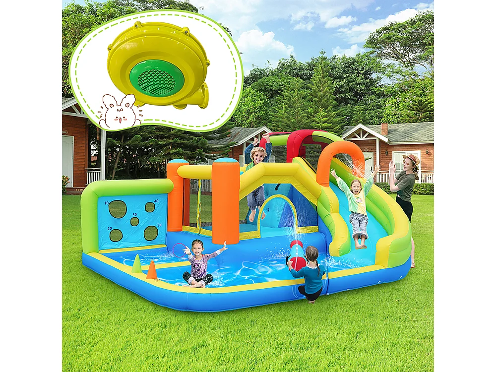 Château gonflable parc aquatique enfants toboggan trampoline mur lancer escalade panier basket soufflerie 450W bleu