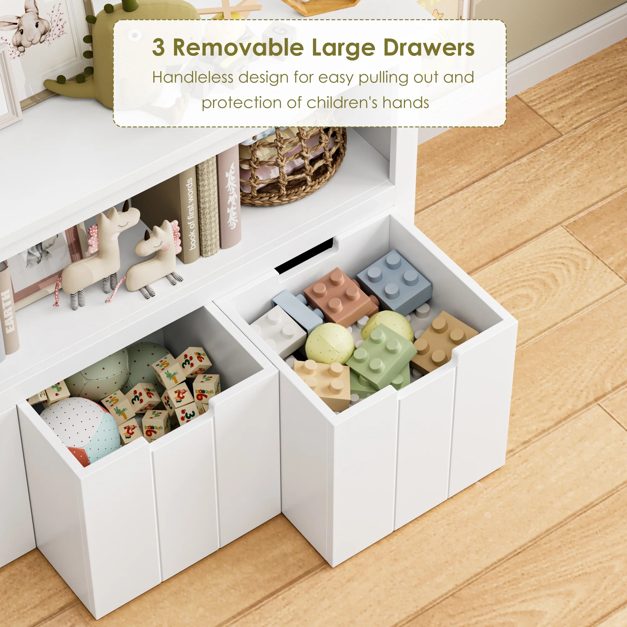 Homfa Kids Toy Storage, Cubes Storage Bins with 3 Drawers, White Toy Box with Shelves and Wheels - Image 7