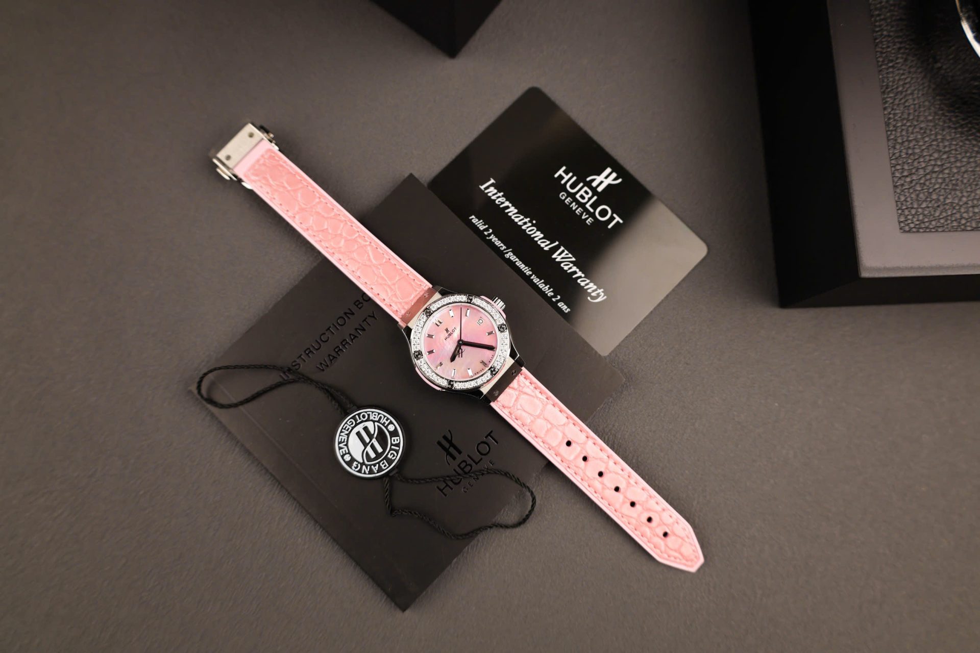 Hublot Classic Fusion Replica Watches Dial Mother Of Pearl Pink + Moissanite Diamonds 33mm - Elite Watch Atelier