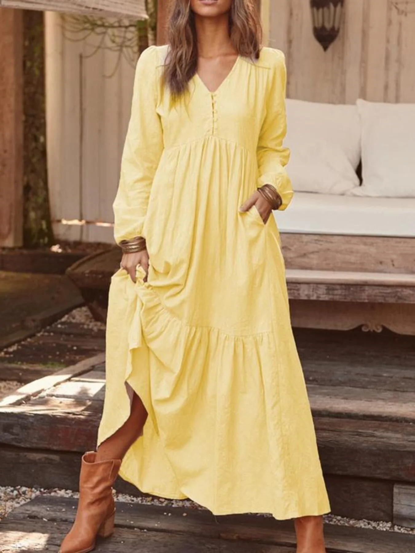 Full Size V-Neck Long Sleeve Tiered Maxi Dress Plus Size - ZKZOOK