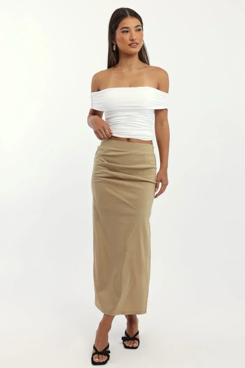 Beige Gathered Midi Skirt High Rise Bengaline Split