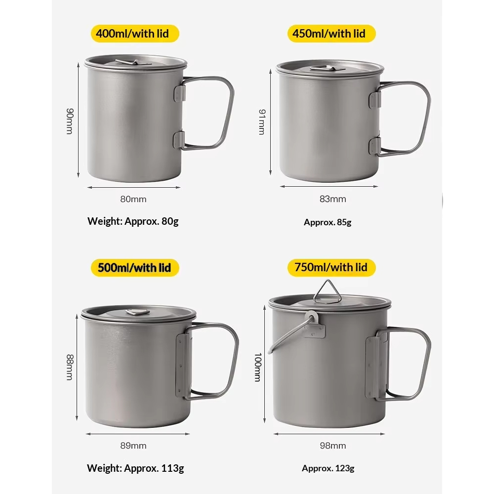 Pure Titanium Cup 400ml to 700ml Water Mug Folding Handle Portable Titanium Water Cup with Lids for Outdoor Camping