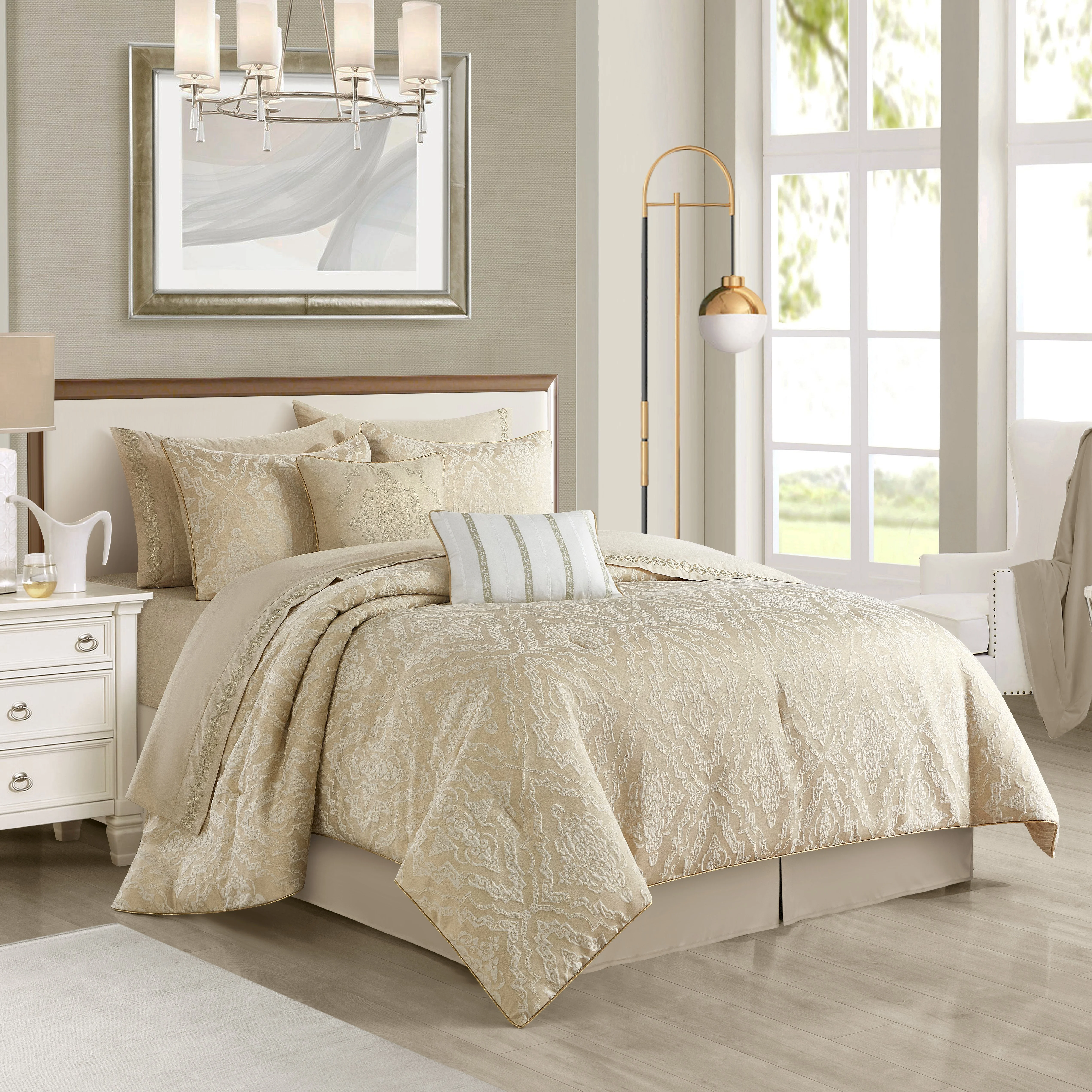 Lanco Smoke Grey Comforter Set California King Size, 9 Piece Jacquard Floral Bedding Set, All Season, Ultra-Soft, Matching Pillows & Shams, Bed Skirt - Image 72