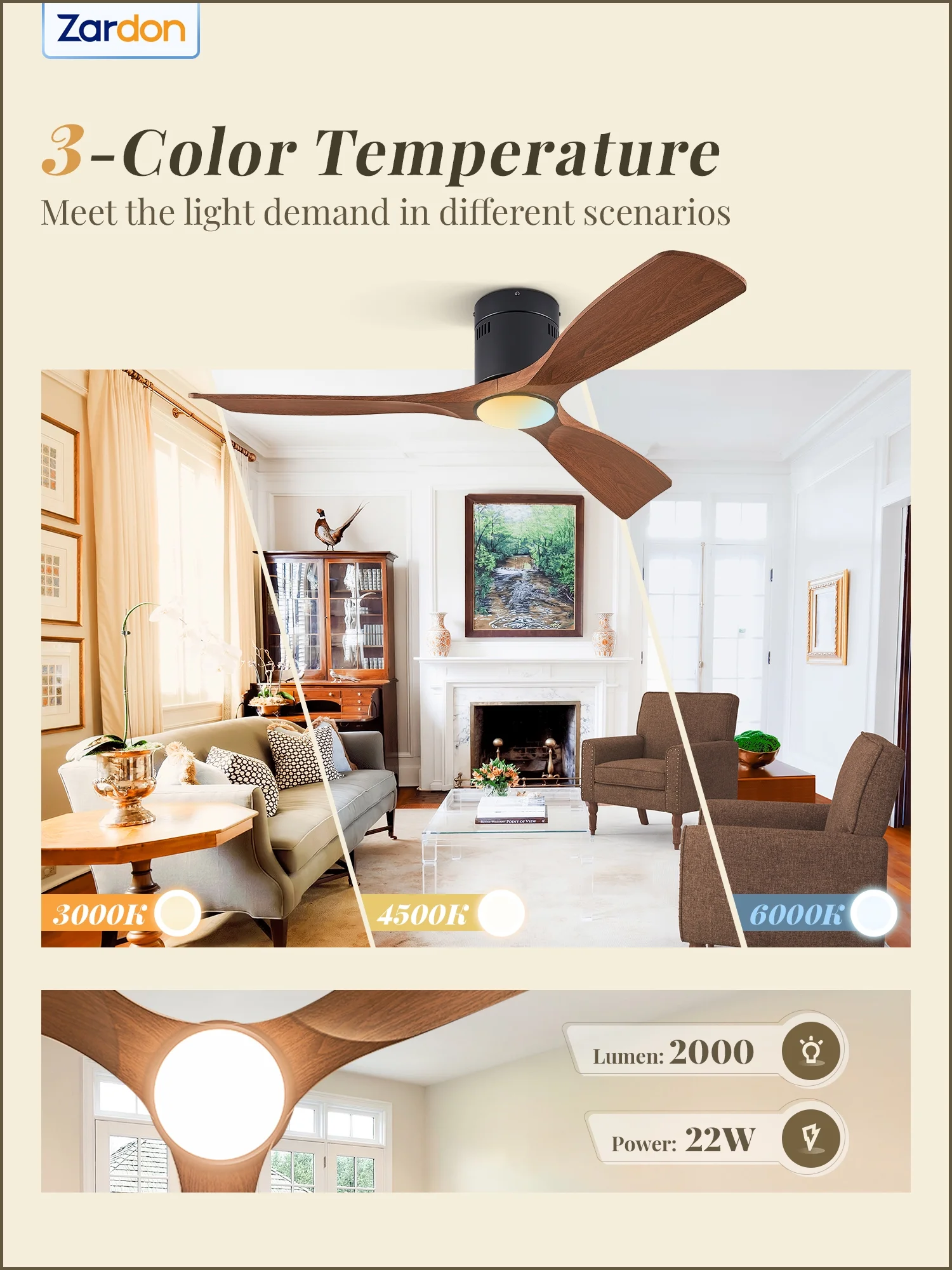 Zardon 52in Ceiling Fans with Remote Control and Light, 6 Speeds Reversible DC Motor, for Bedroom, Living Room, Indoor, Outdoor, Black and Walnut