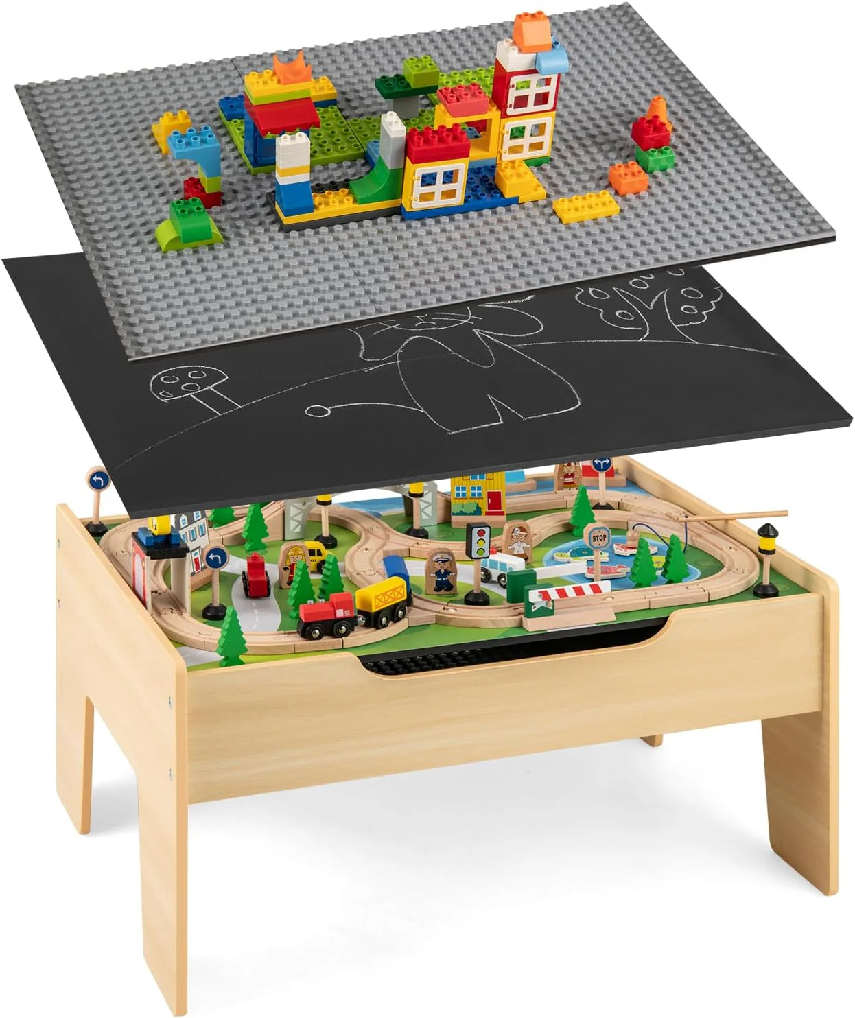 The dual-function wooden children's activity table with storage function, featuring 100 colorful components, tracks, trains, and cars, is a children's train table set suitable for children aged 3 and above. It has a flip-up tabletop and is a gift for - Image 5