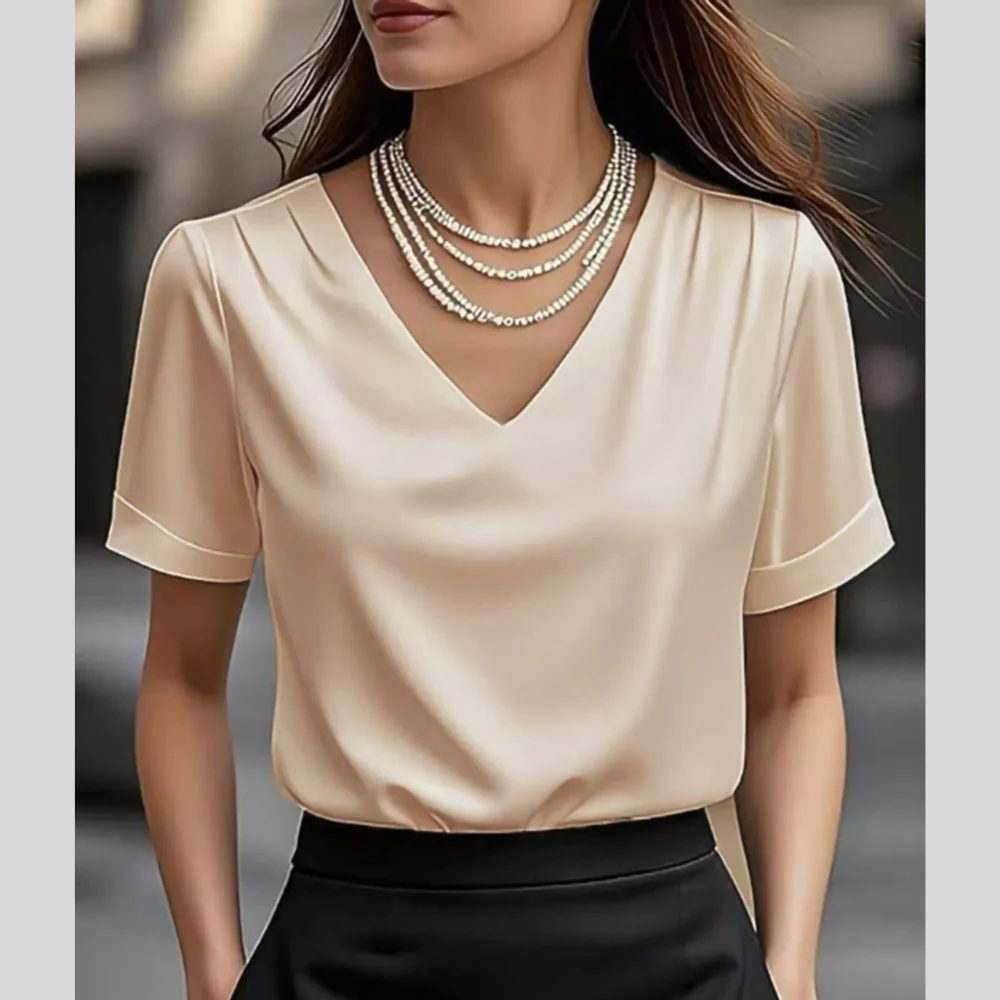 V-Neck Short Sleeve Satin Blouse - ZKZOOK