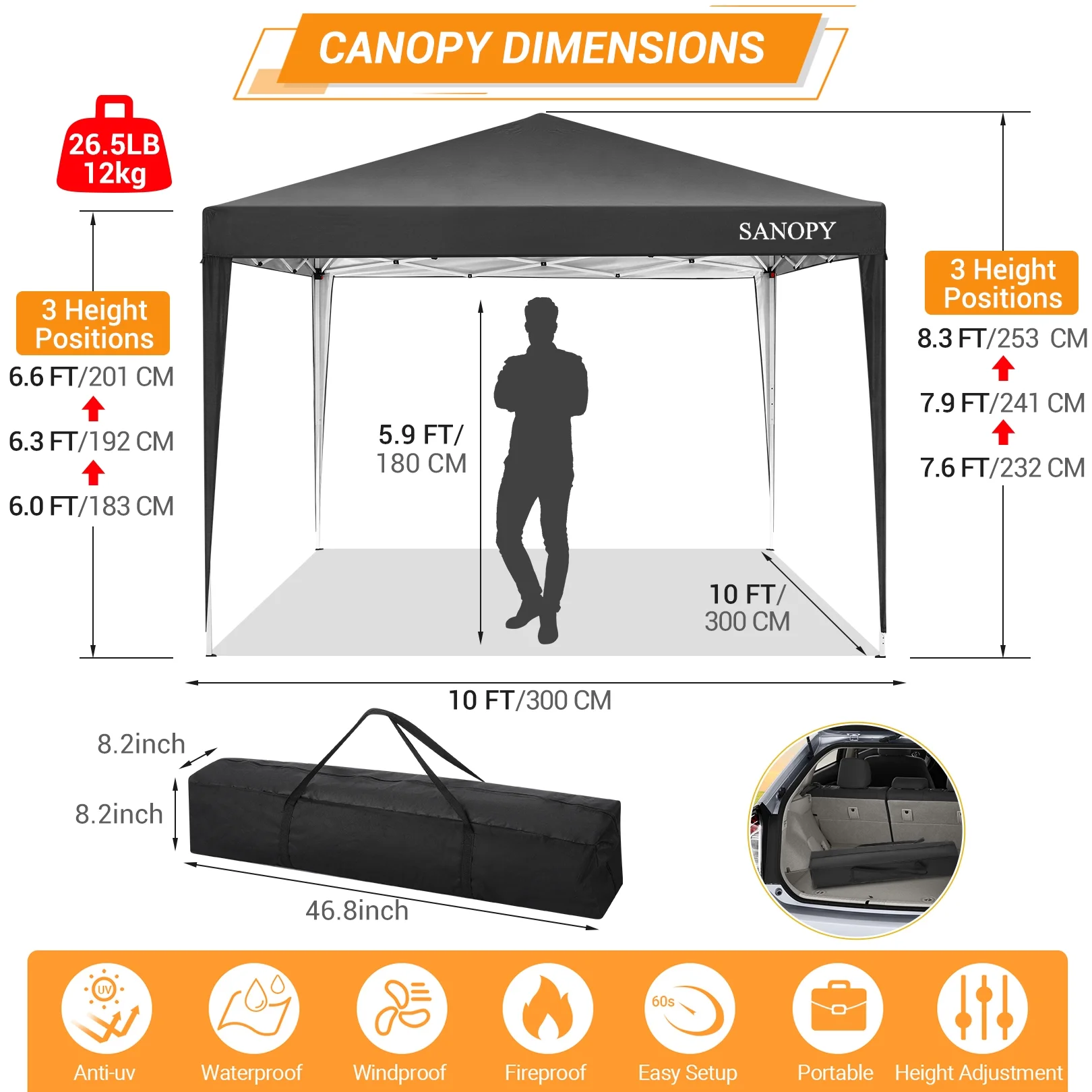 SANOPY 10'x10' EZ Pop Up Canopy Tent Outdoor Party Instant Shelter Portable Folding Beach Canopy with 4 Sandbag & Carrying Bag, Black - Image 12