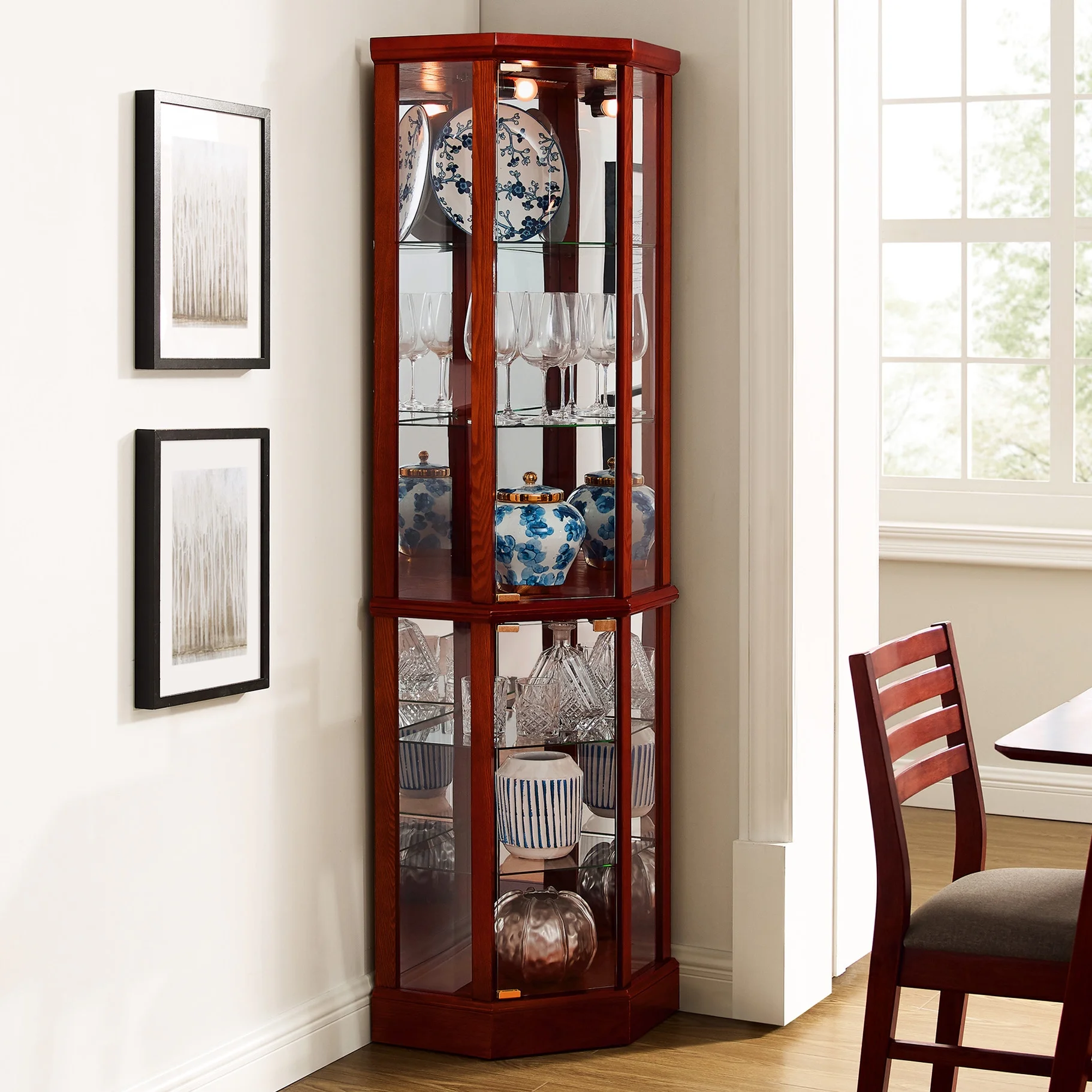 Walnut Cabinet With 6 Shelves, Adjustable Glass & Mirrored Back Design Shelf Lighted Corner Curio Shelves In - Image 25