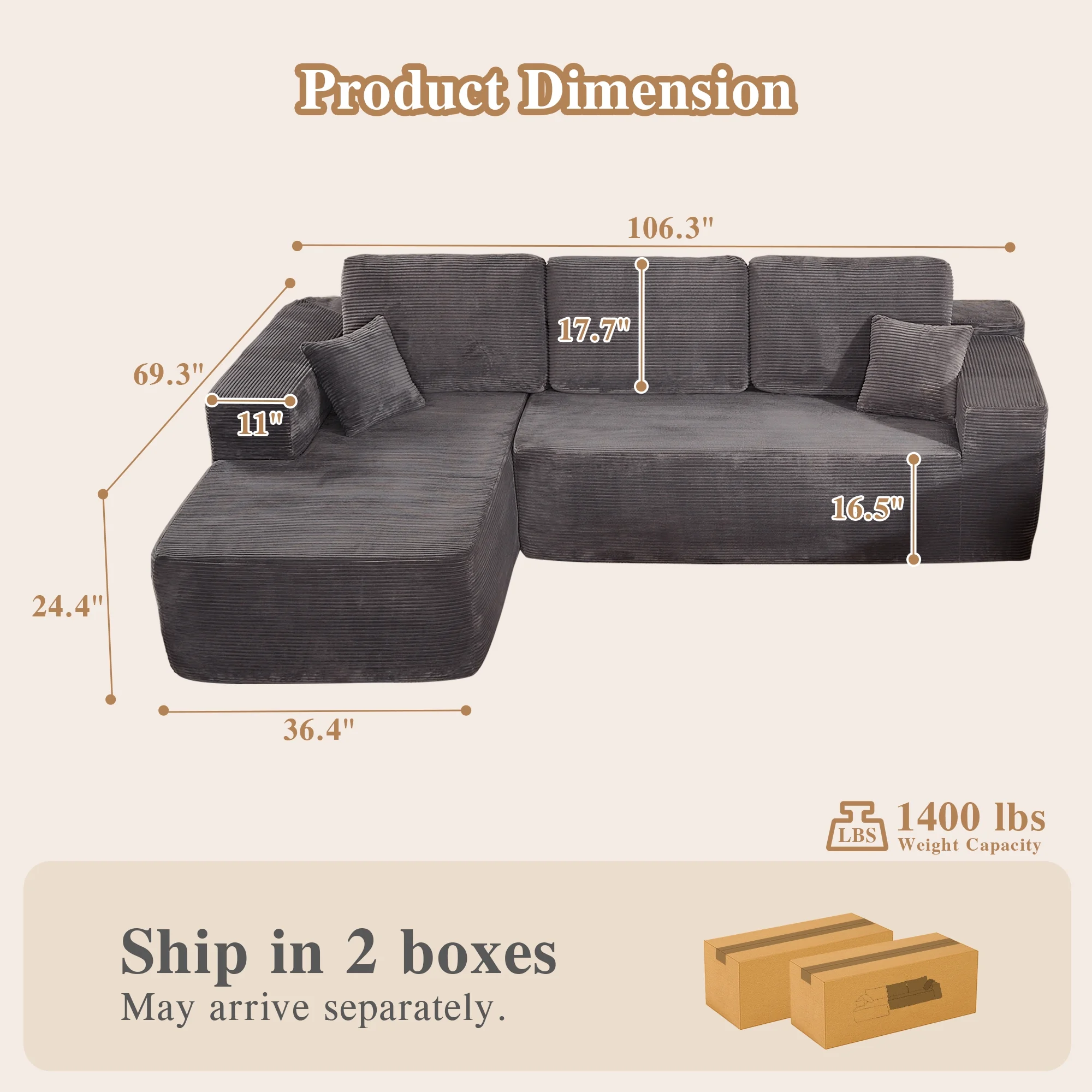 Ovios 106" L-Shaped Sectional Sofa Modern Modular Cloud Couch with Deep Seating Upholstered Sofa for Living Room Bedroom, No Assembly Required, Black(Corduroy) - Image 35
